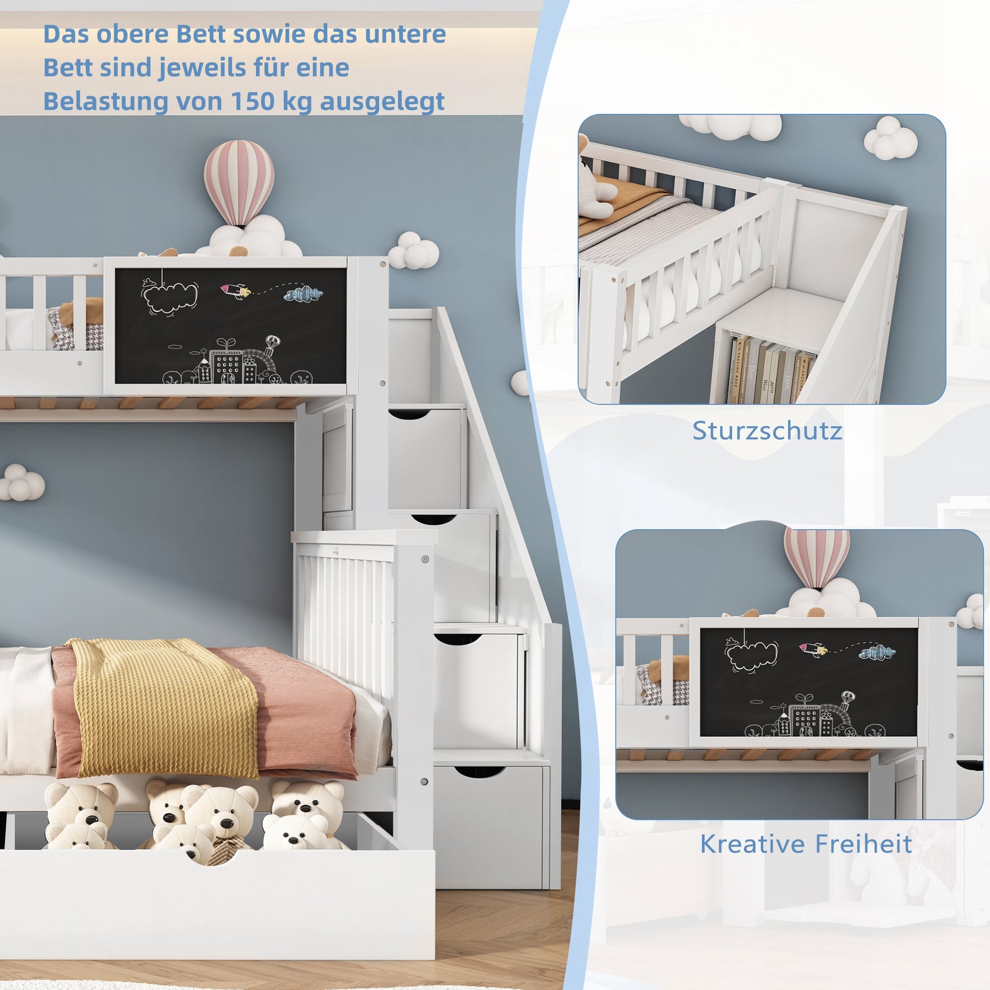 Multifunctional Bunk Bed with Chalkboard and Drawers, 90x200cm and 140x200cm, White