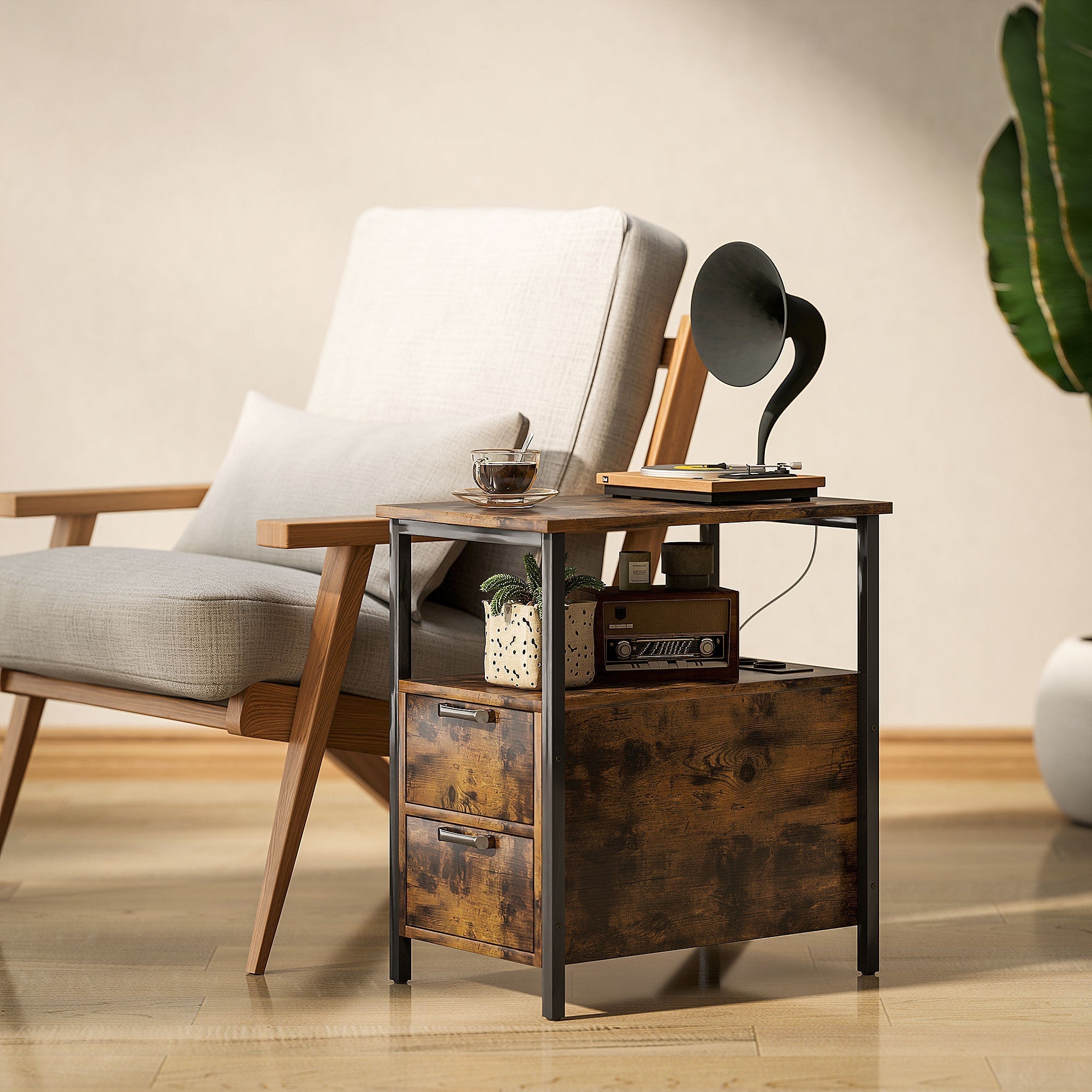 Side Table Coffee Table with Charging Station, 2 Drawers, Rustic Brown