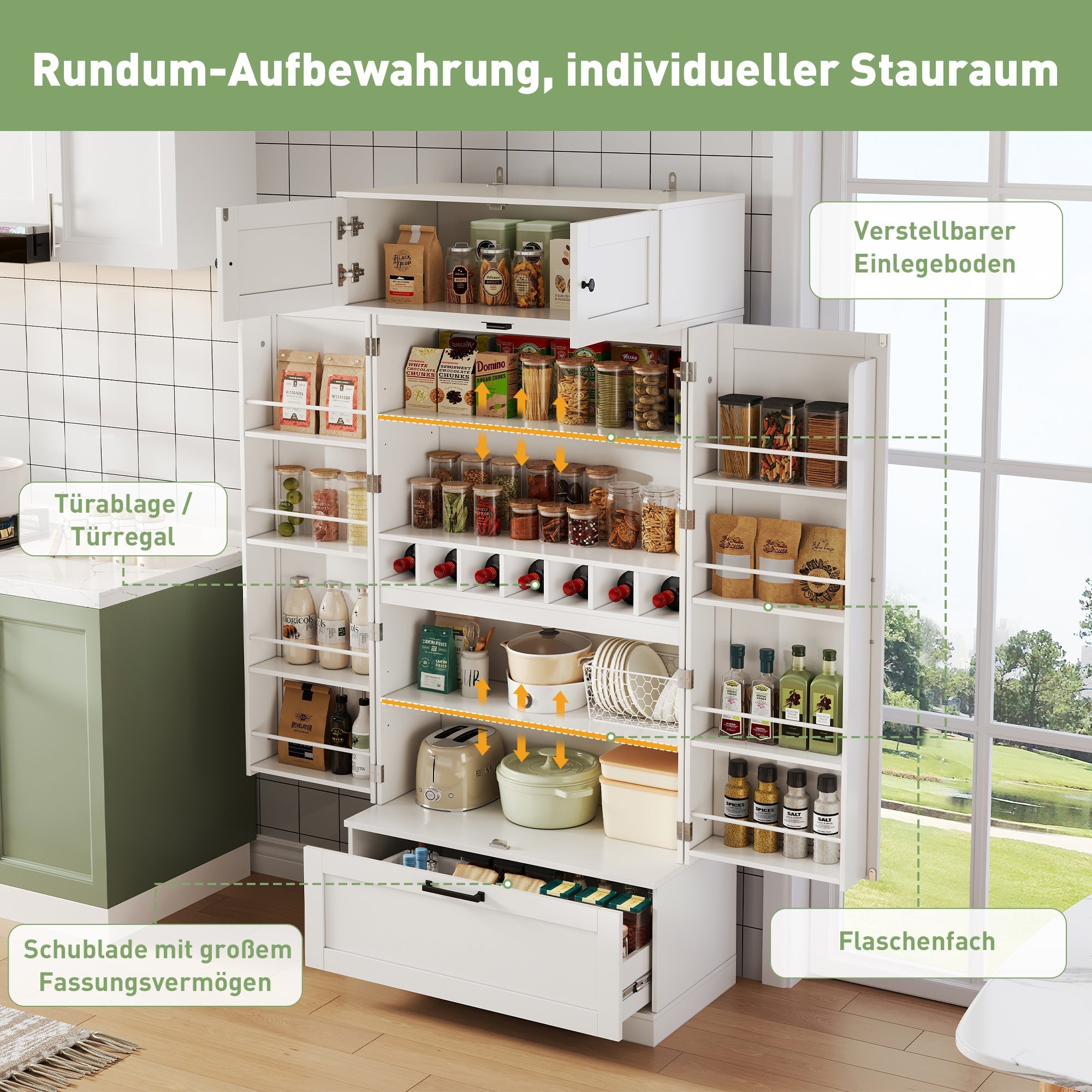 Kitchen Storage Cabinet 80x40x180cm Freestanding with Wine Rack & Adjustable Shelves, Industrial Style