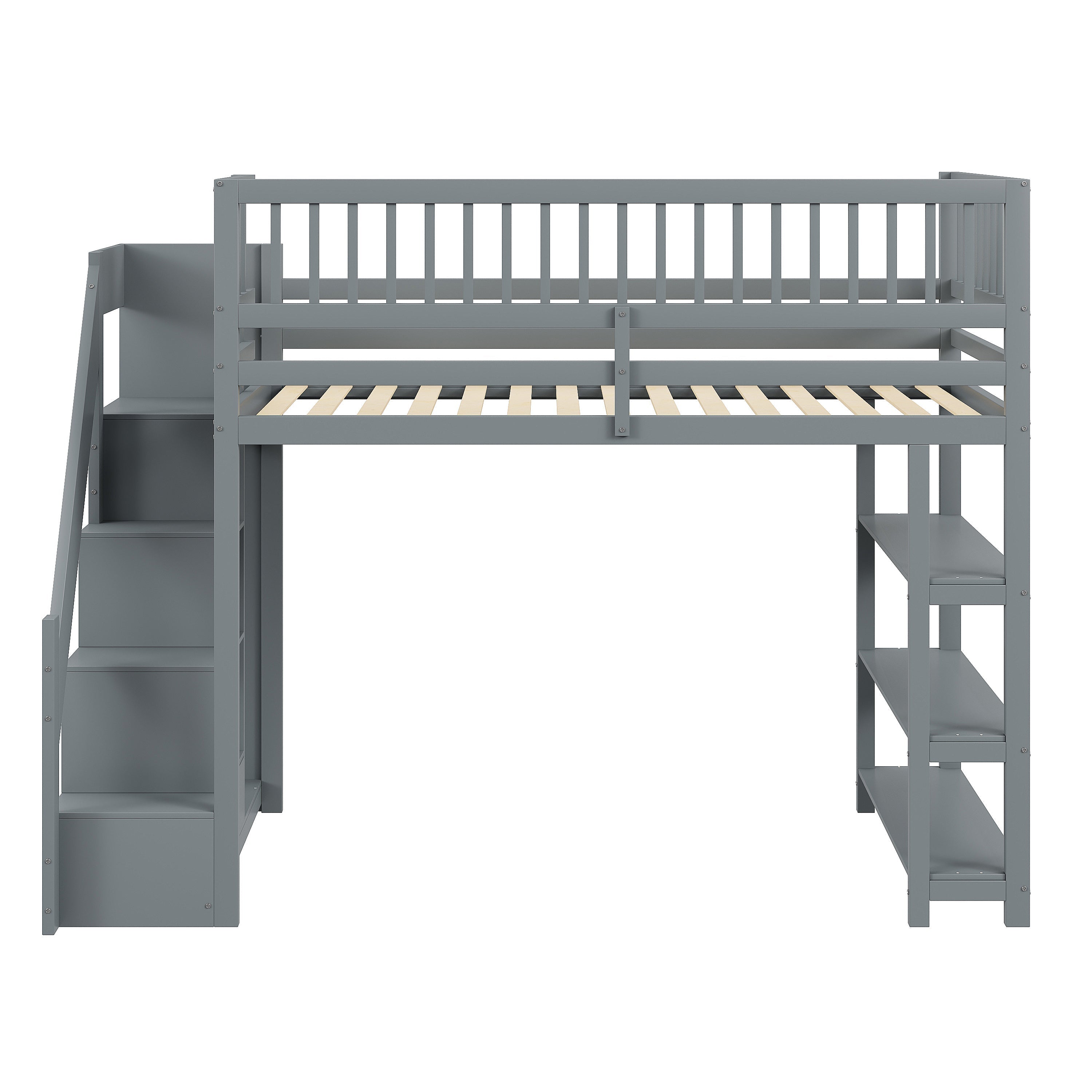 Loft Bed, 90x200 Multifunctional with Wardrobe & Storage, Grey Wooden