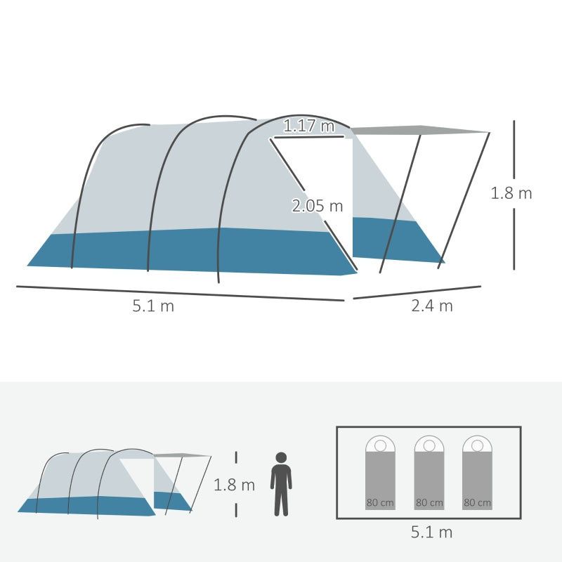 6-8 Person Tunnel Tent, Camping Tent with Bedroom & Living Room, 2000mm Water Column, Blue