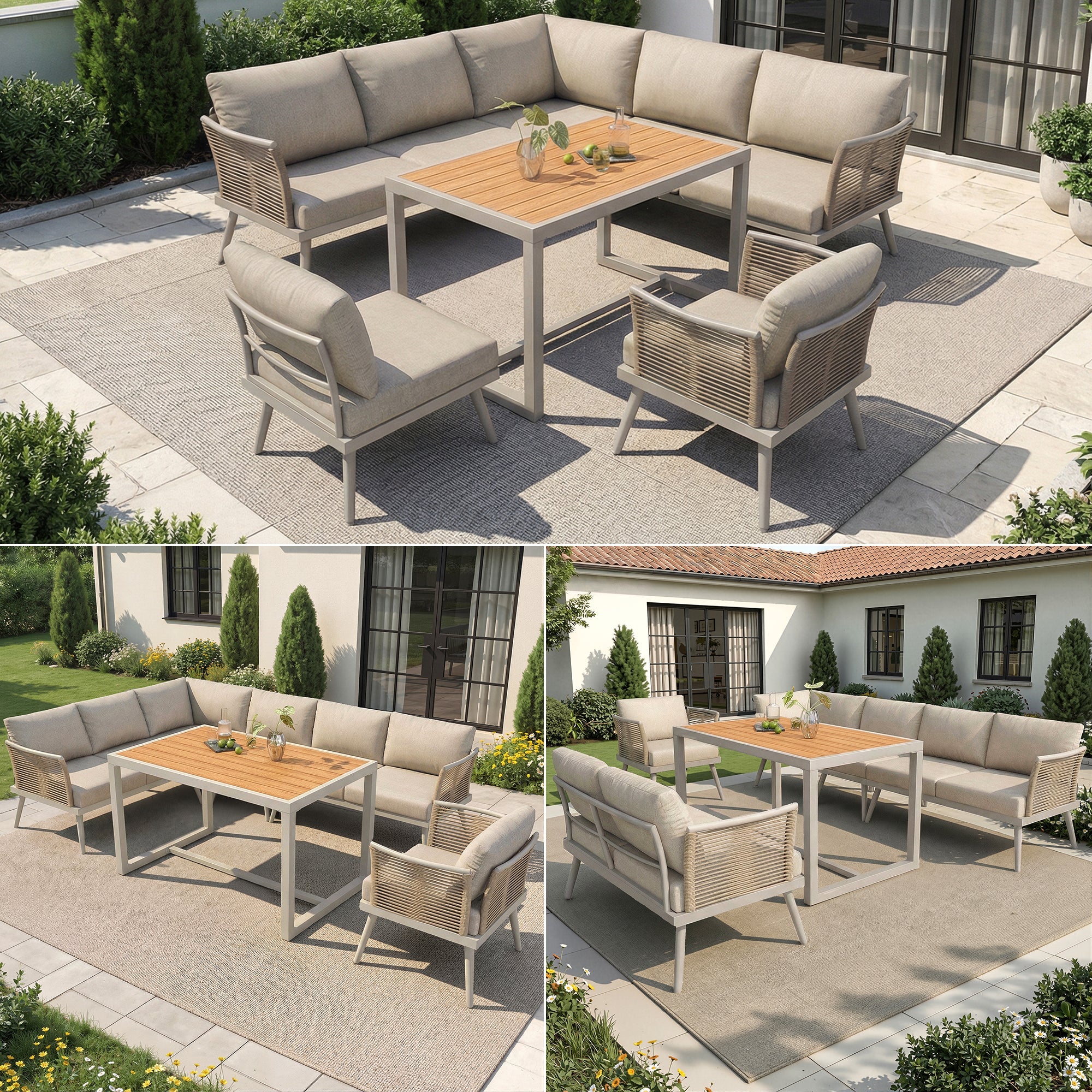 L-Shaped Garden Sofa Set with Coffee Table and Armchair, Seven-Seater Weatherproof Iron, Grey and Beige