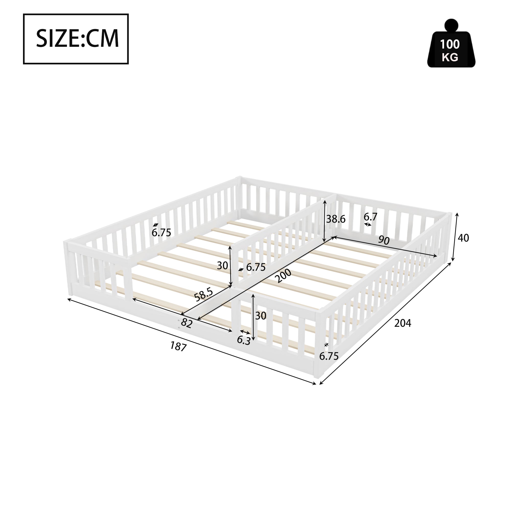 Panel Bed with Railing and Slatted Base, 90 x 200 cm, Pine Wood White