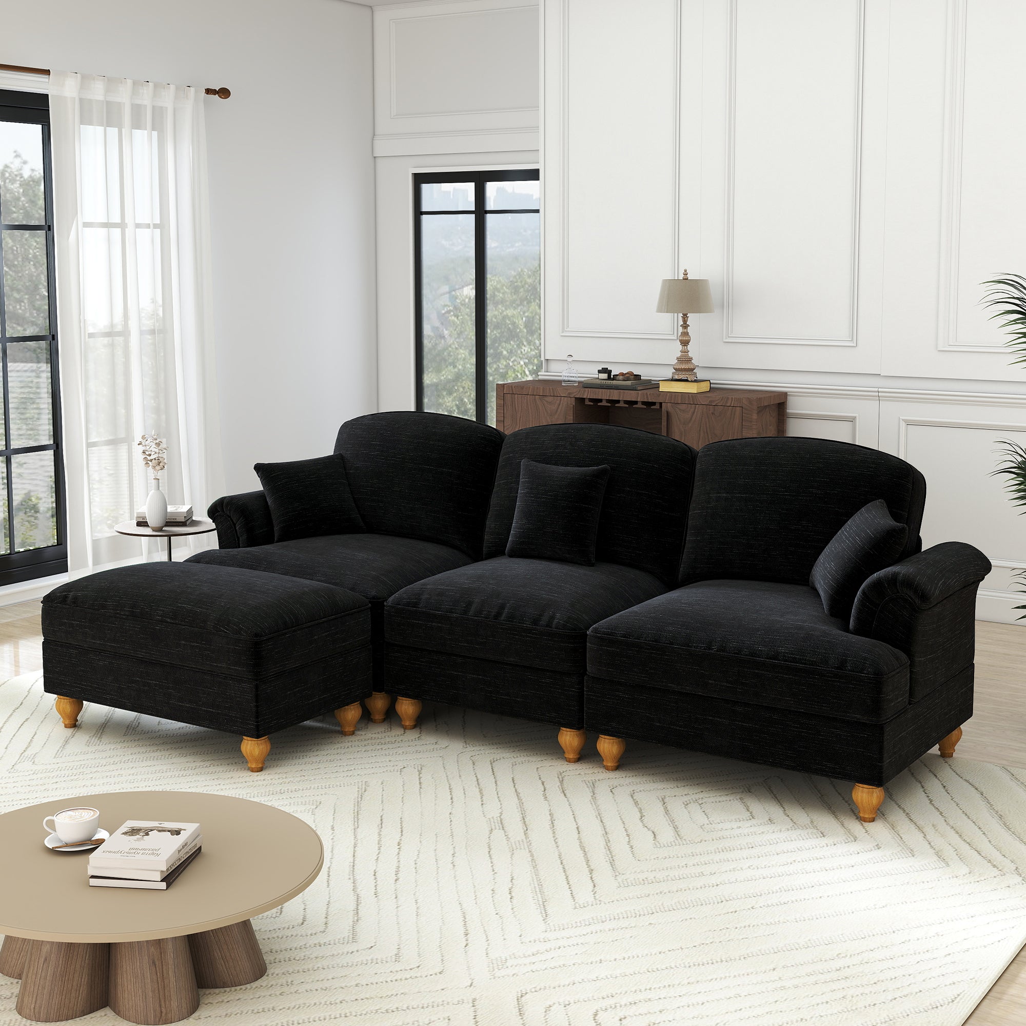 Modular L-Shaped Sofa 3-Seater Mid-Century Ottoman - Chenille Black