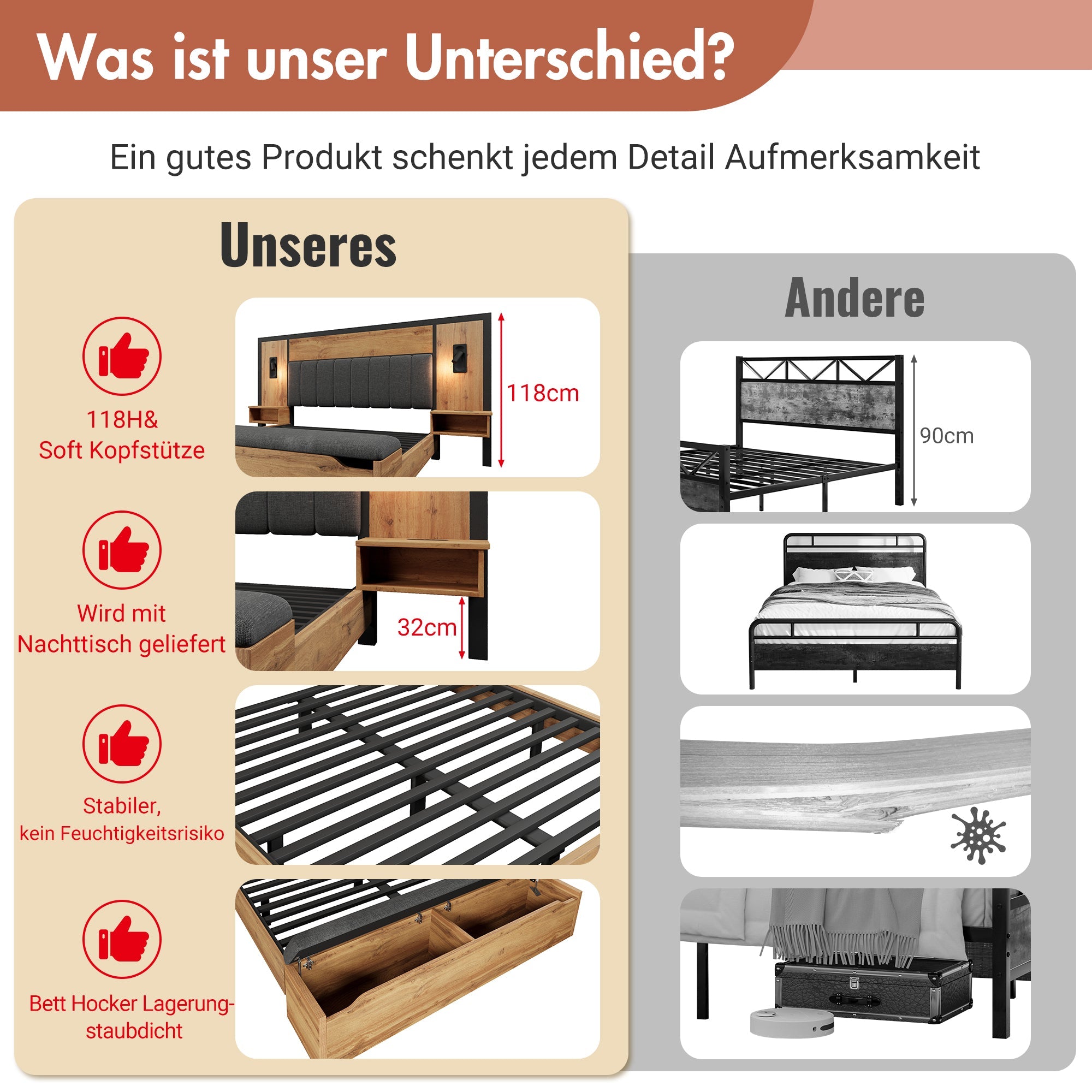 Double Bed Upholstered 160×200, Reading Lamp USB C Storage Bench, Oak Wood and Linen