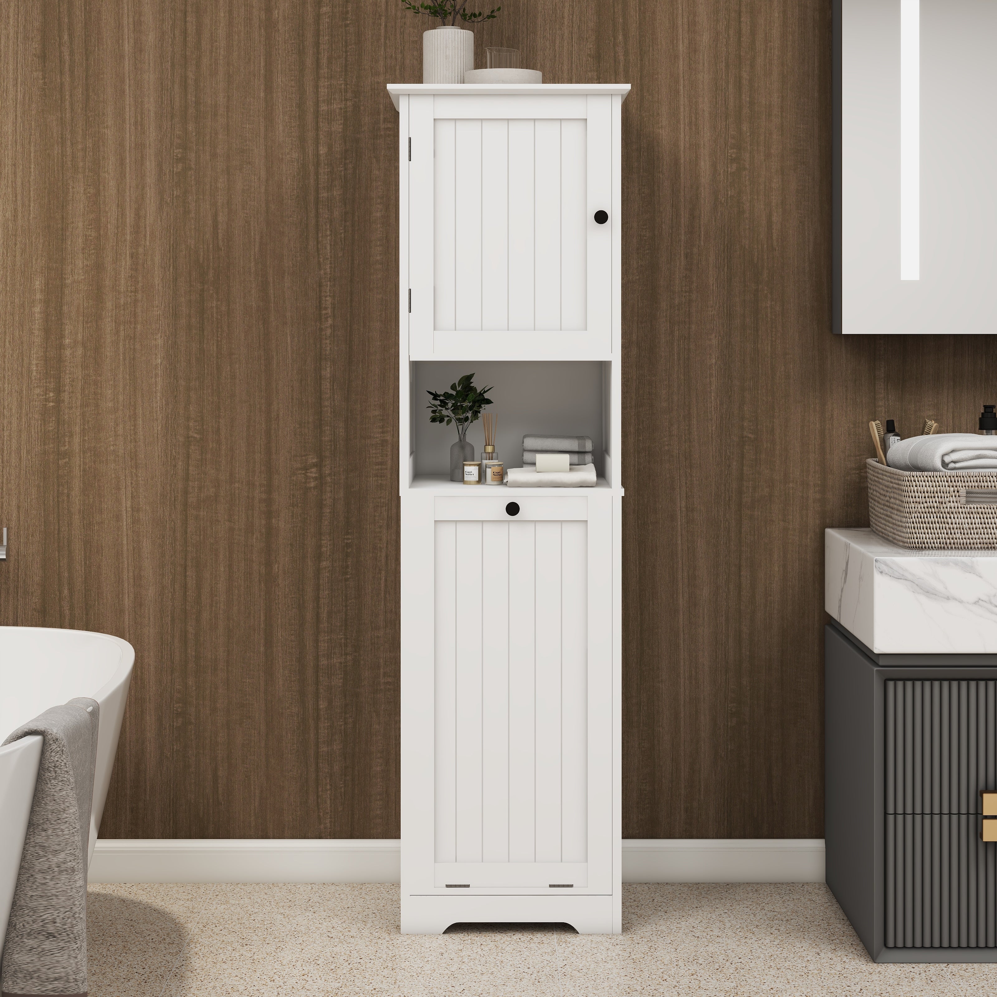 Laundry Sorter Cabinet, One-Compartment Tilt-Out Door, White