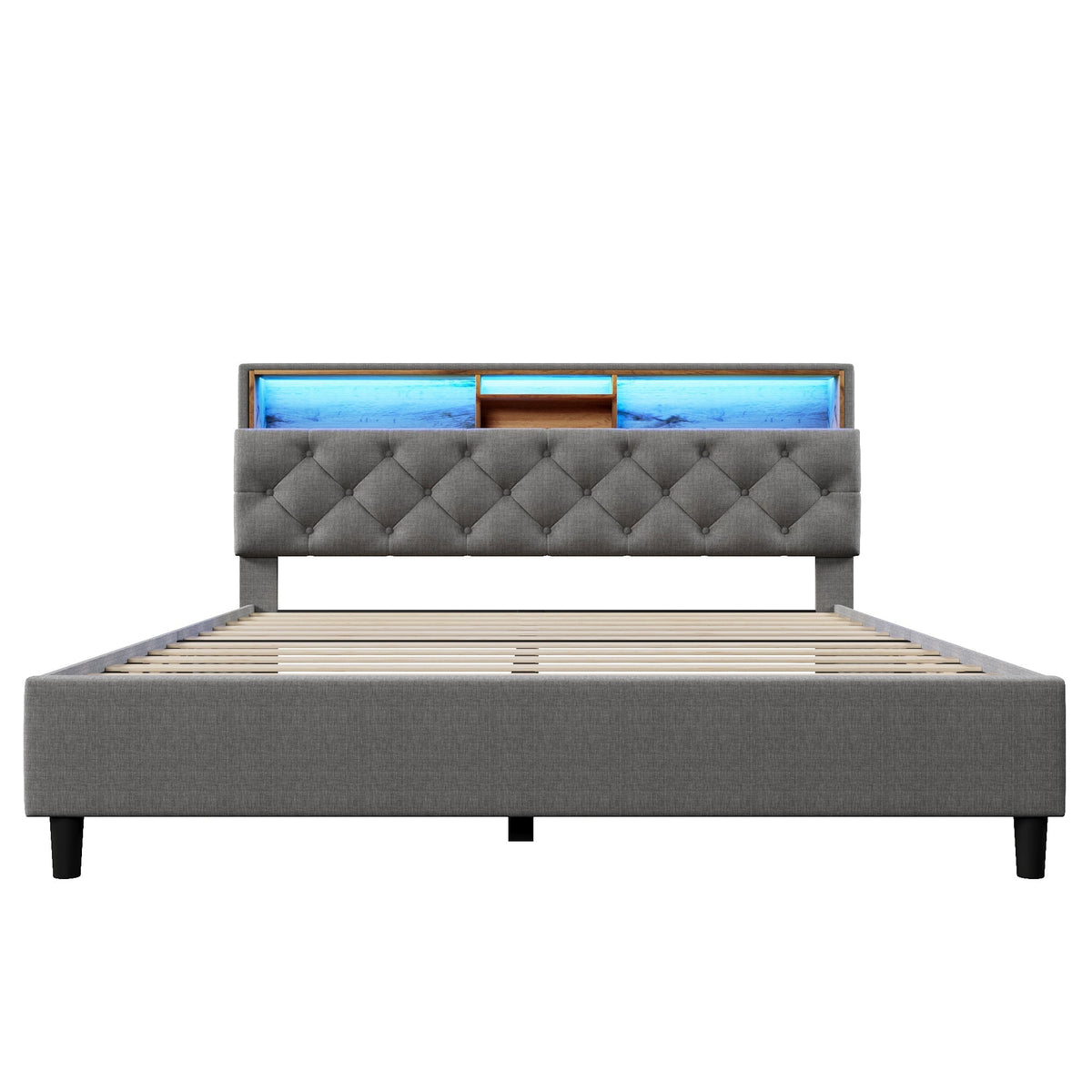 Upholstered Double Bed, Storage Headboard LED Lighting Wooden Frame 140x200cm, Grey