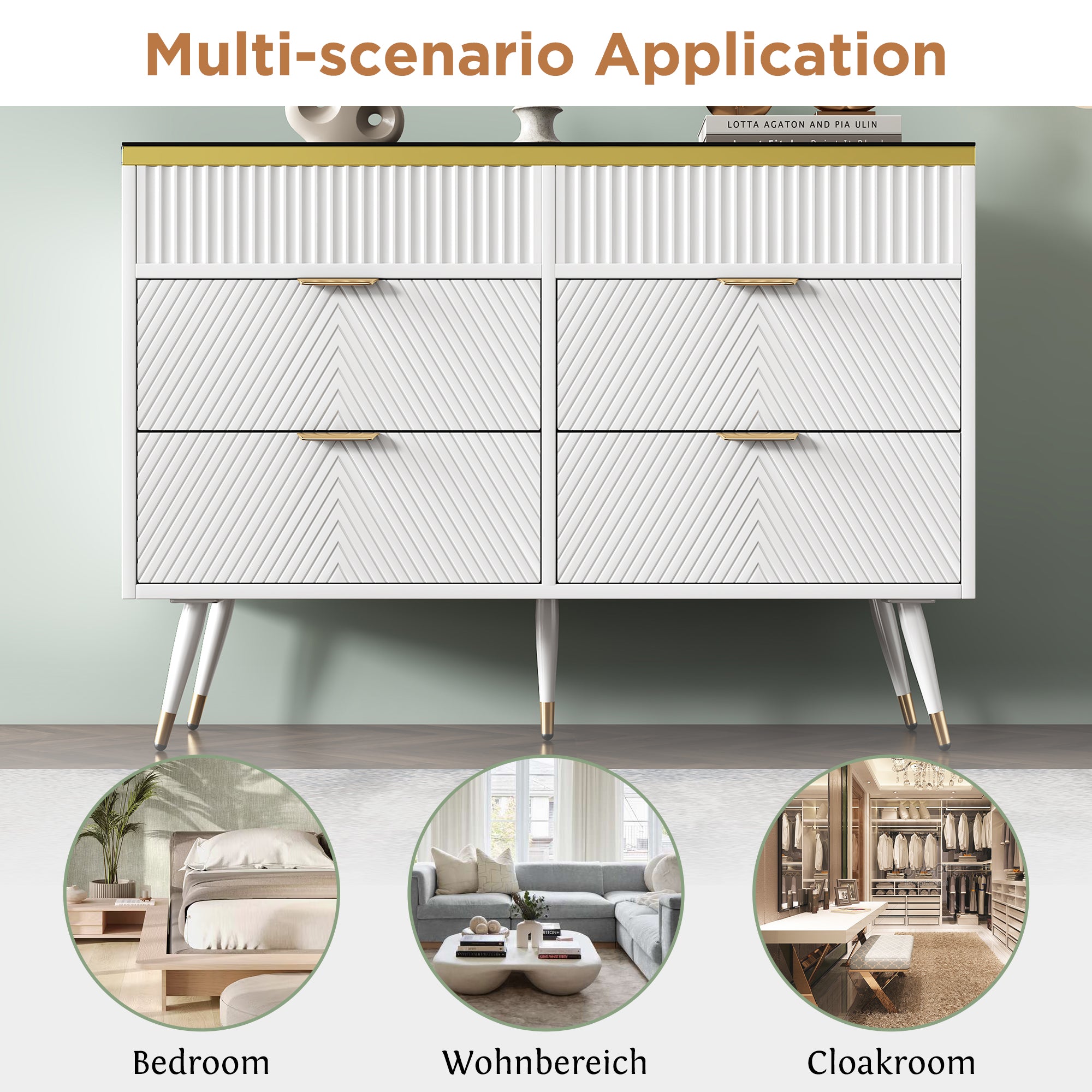 Sideboard Cabinet Dresser with 6 Drawers, Amber Glass, White