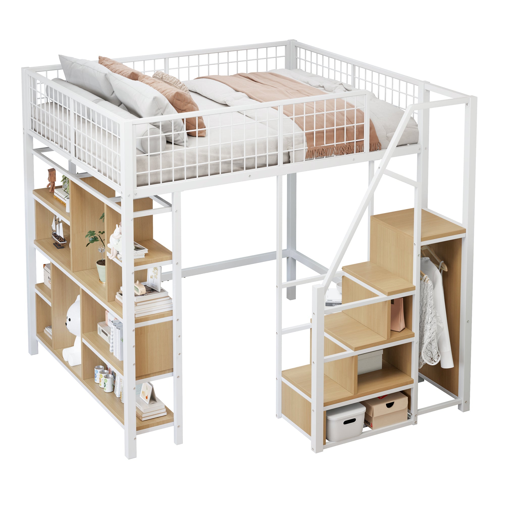 Loft Bed 140x200cm Storage Shelves Stairs - White Metal