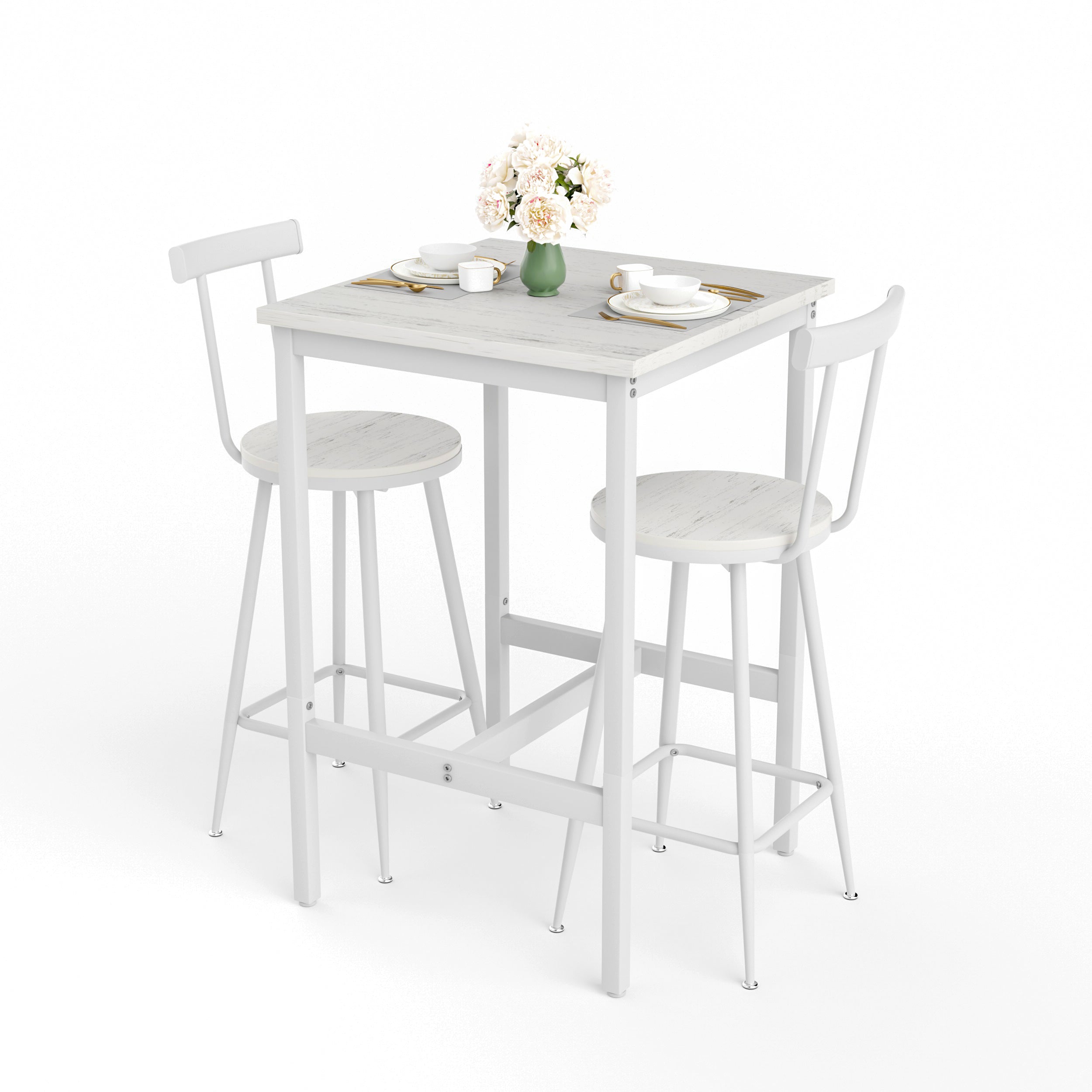Bar Table and 2 Stools Set Industrial Style Metal Frame - White