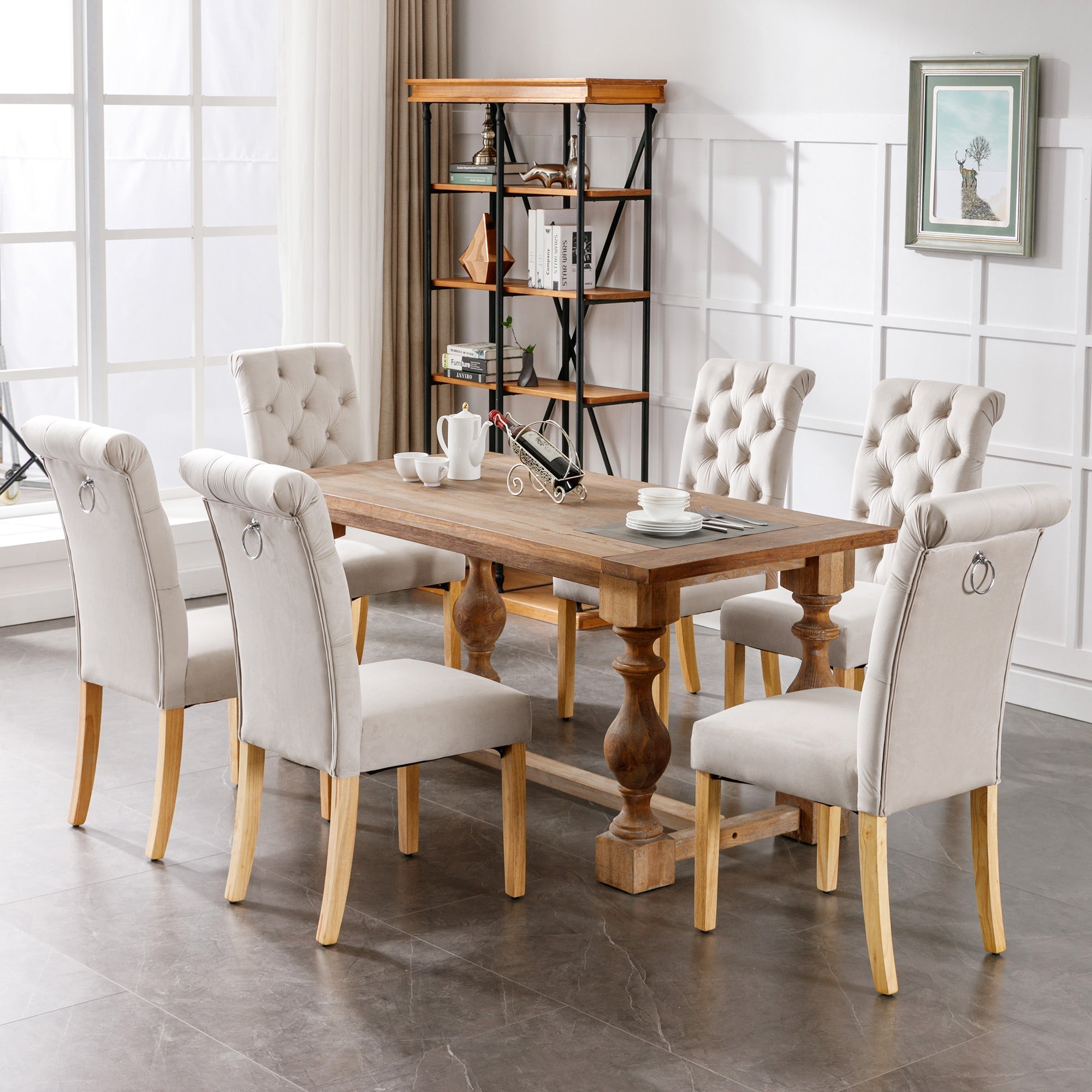 Velvet Dining Chairs Set of 2 with Oak Legs and Chrome Knockers, Beige Velvet