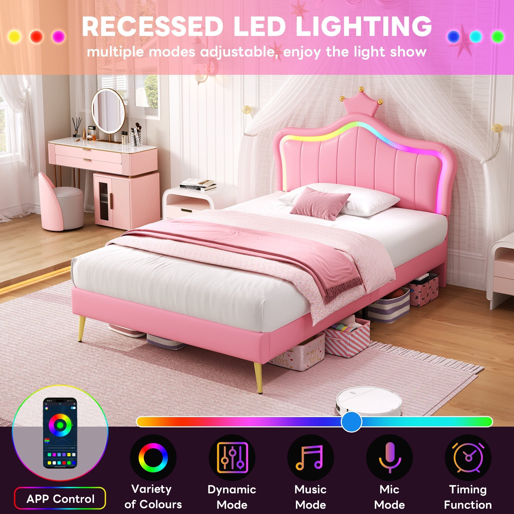 3ft Single Upholstered Bed with LED Adjustable Crown Headboard, PU Leather, Pink