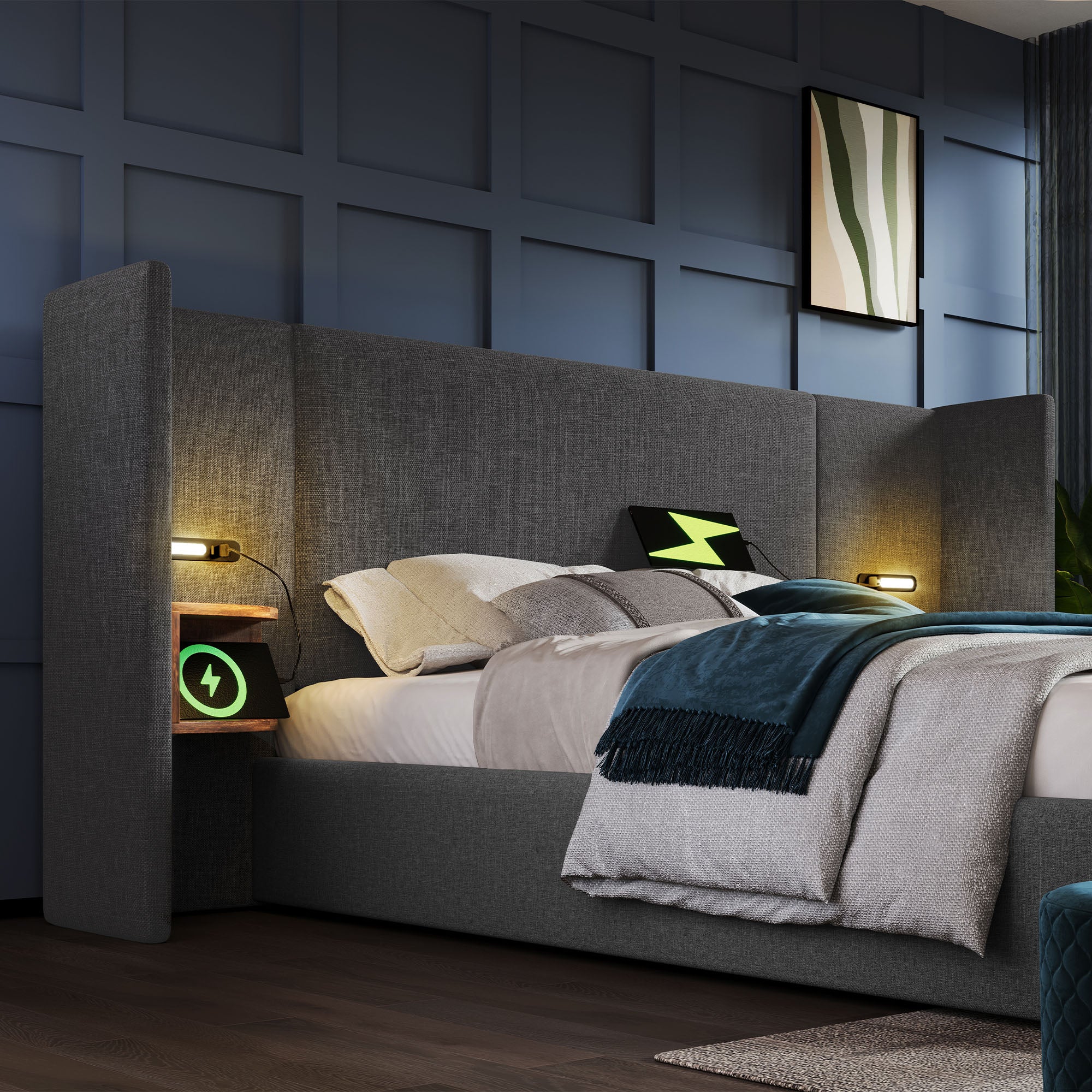 Upholstered Double Bed 180x200 with Bedside Table, Reading Lamp, USB-C Charging, Storage Frame, Solid Wood & Metal, Gray Linen