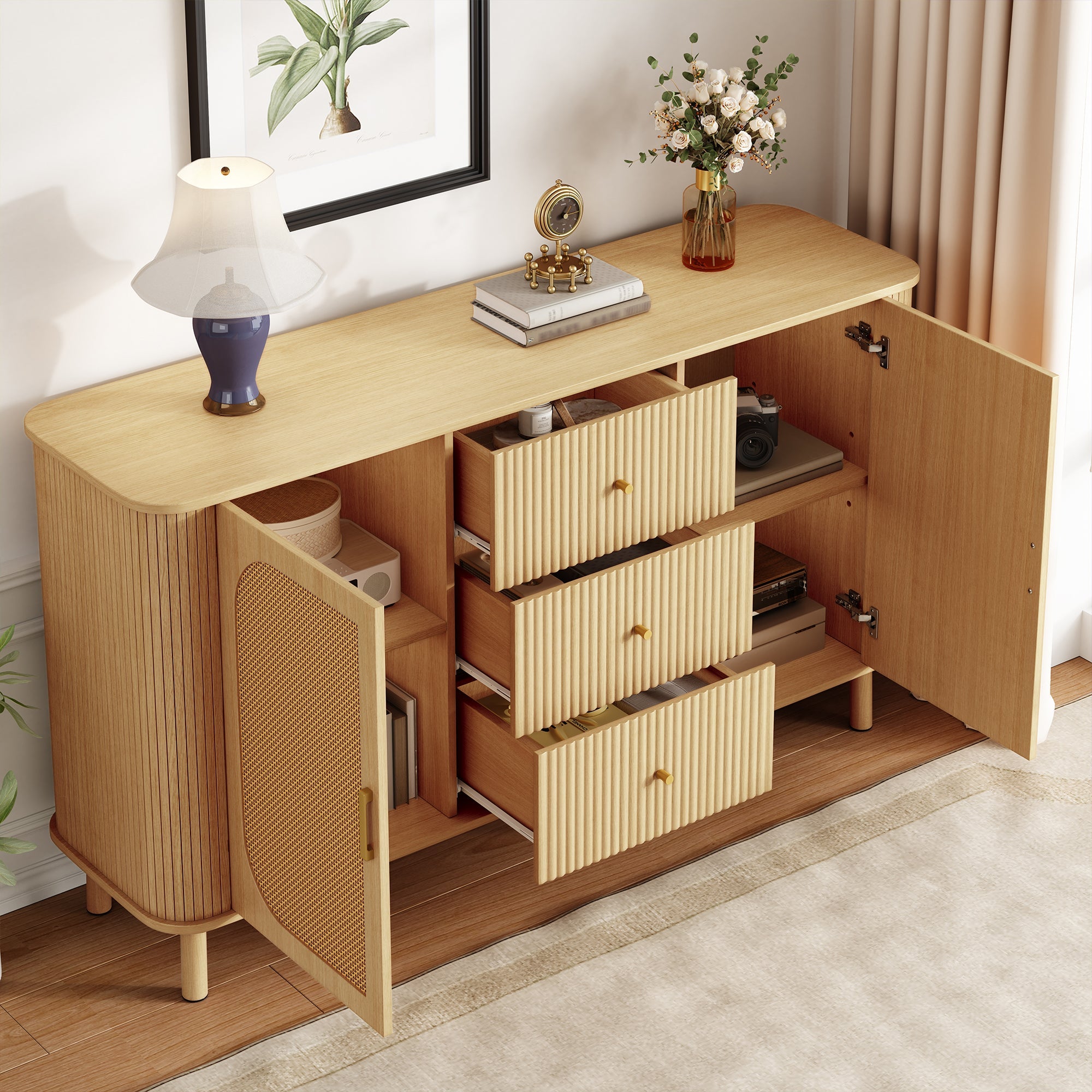 Sideboard, Drawers Shelves Metal Legs, Wood Look