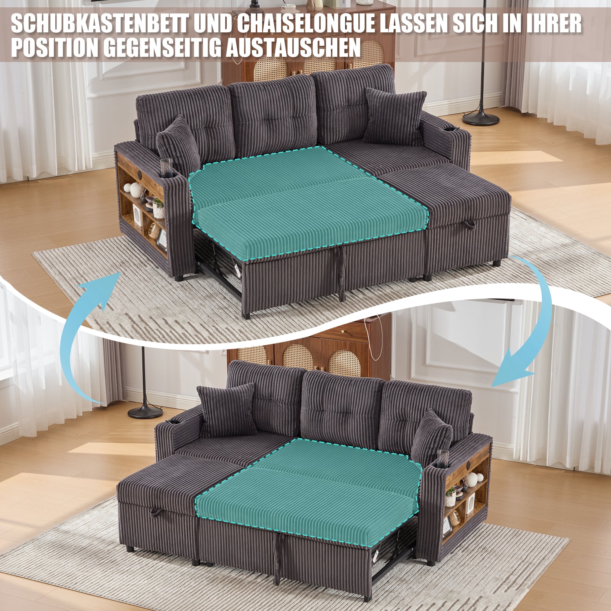 Multifunctional Sofa with Storage & Pull-Out Bed, USB-C, Ambient Light, Corduroy