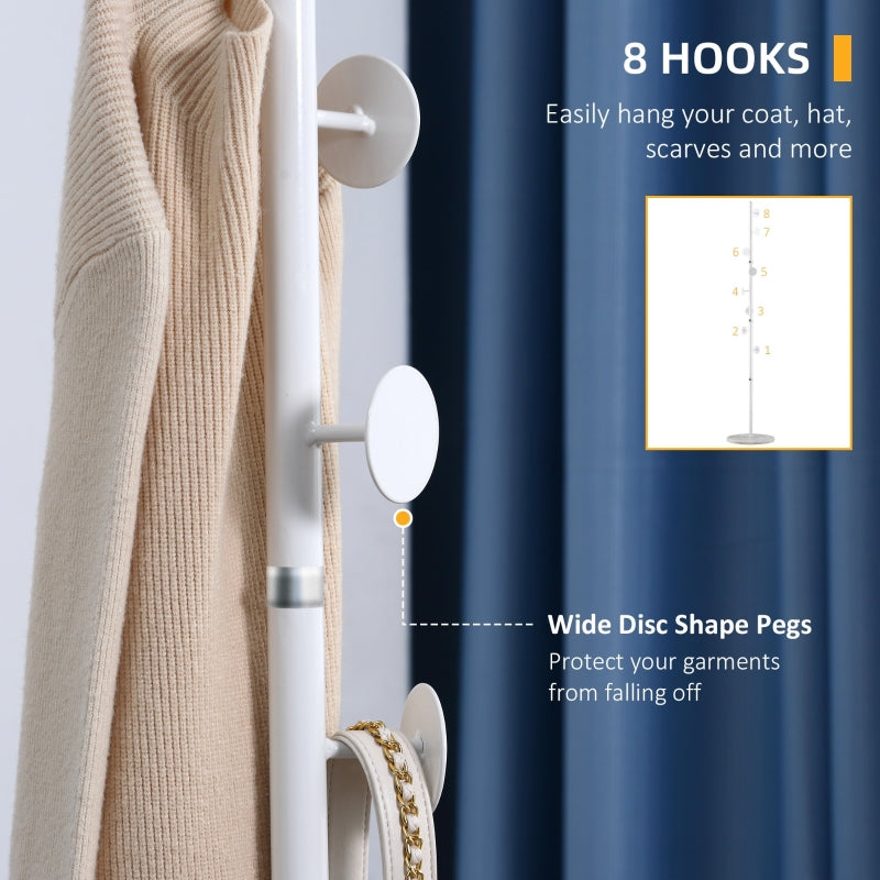 Coat Rack Free Standing Hall Tree 8 Round Disc Hooks Steel with Marble Base, White