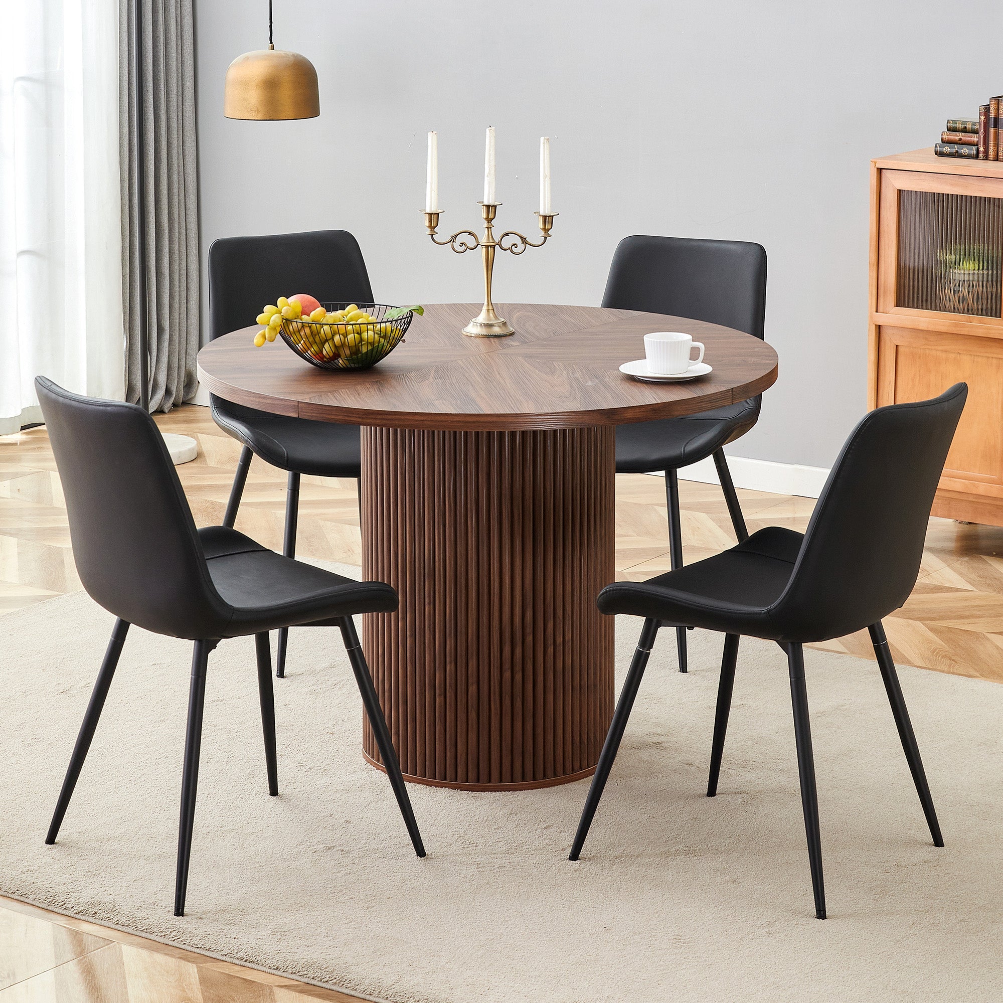 Minimalist Dining Set 100cm Table 4 Chairs - Walnut/Black PU