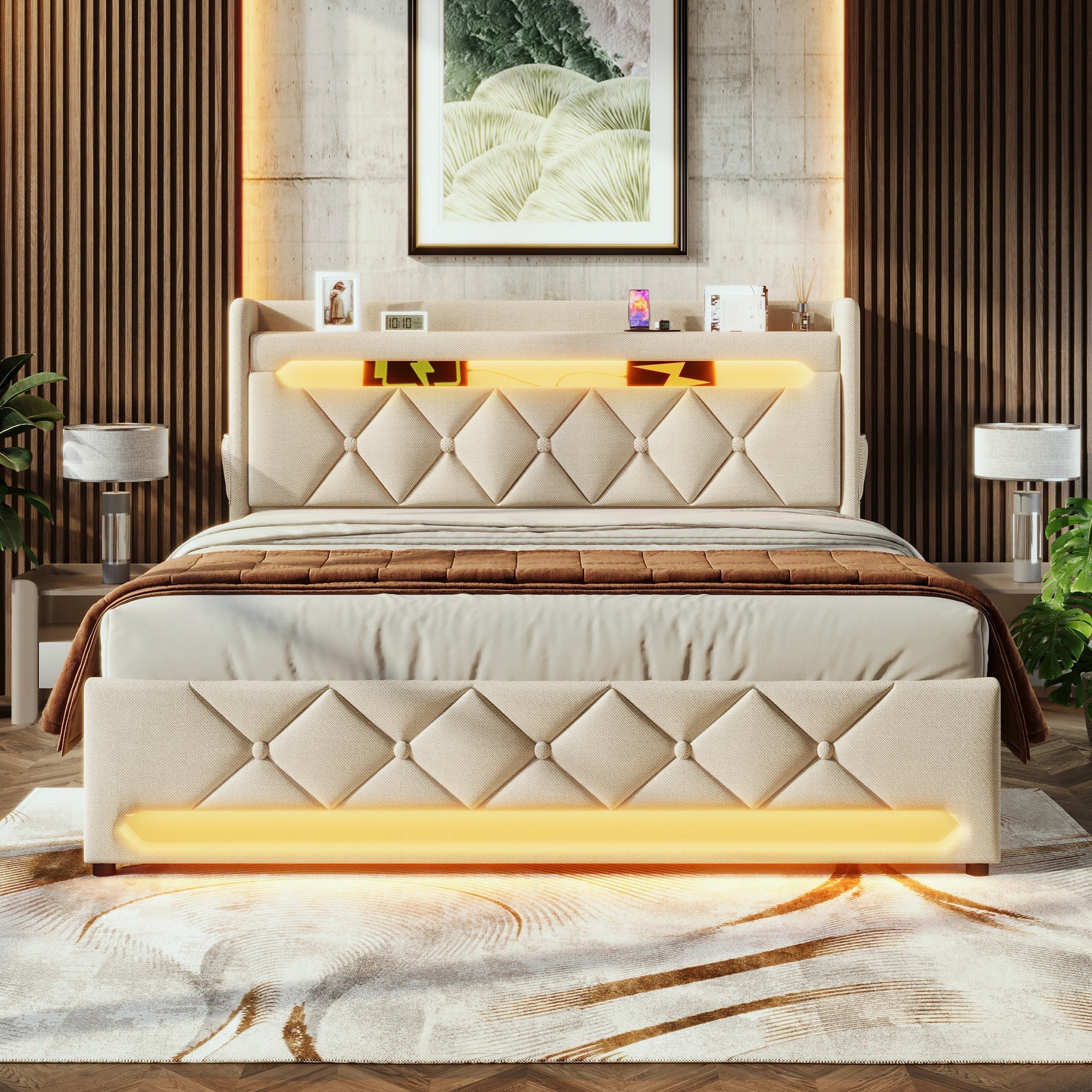 Upholstered Double Bed 140*200, Storage Headboard with USB & Type-C, 360-Surround LED, Hydraulic Lift, Beige Linen