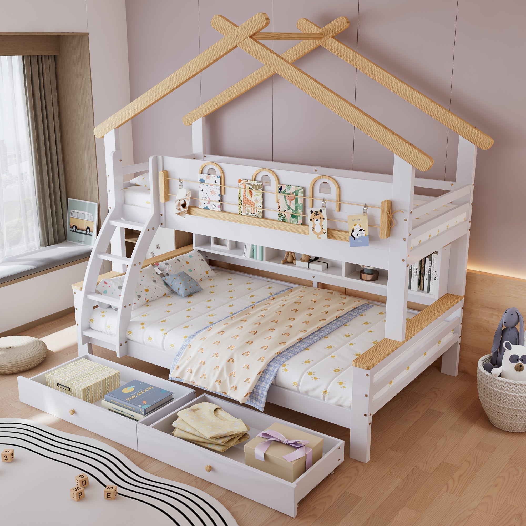 Bunk Bed Children's, Drawers Roof Slanted Staircase 90x200cm & 120x200cm, Pine + MDF White + Natural