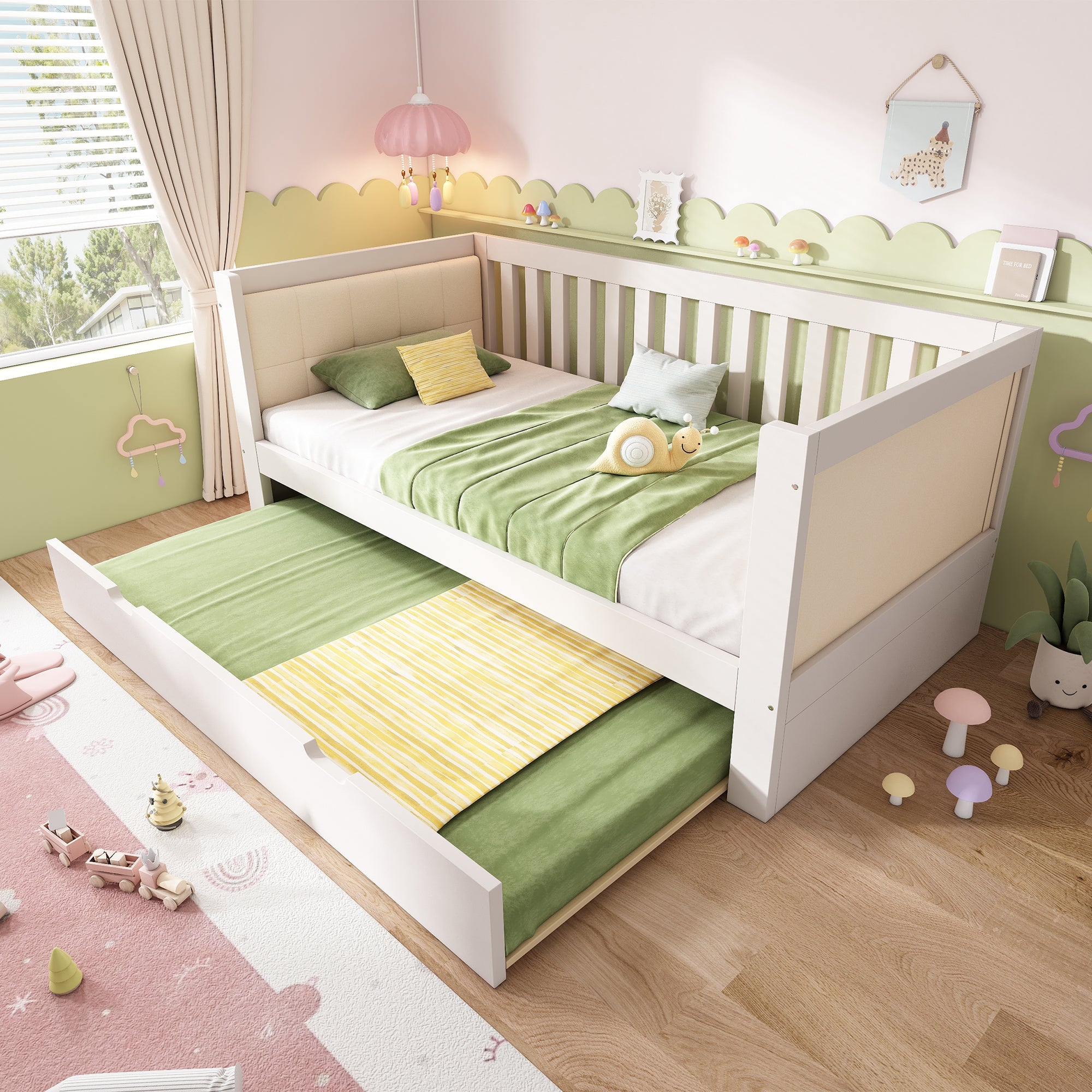 Daybed with Pull-out Bed, 90x200cm and 90x190cm, Space-Saving Wood, White
