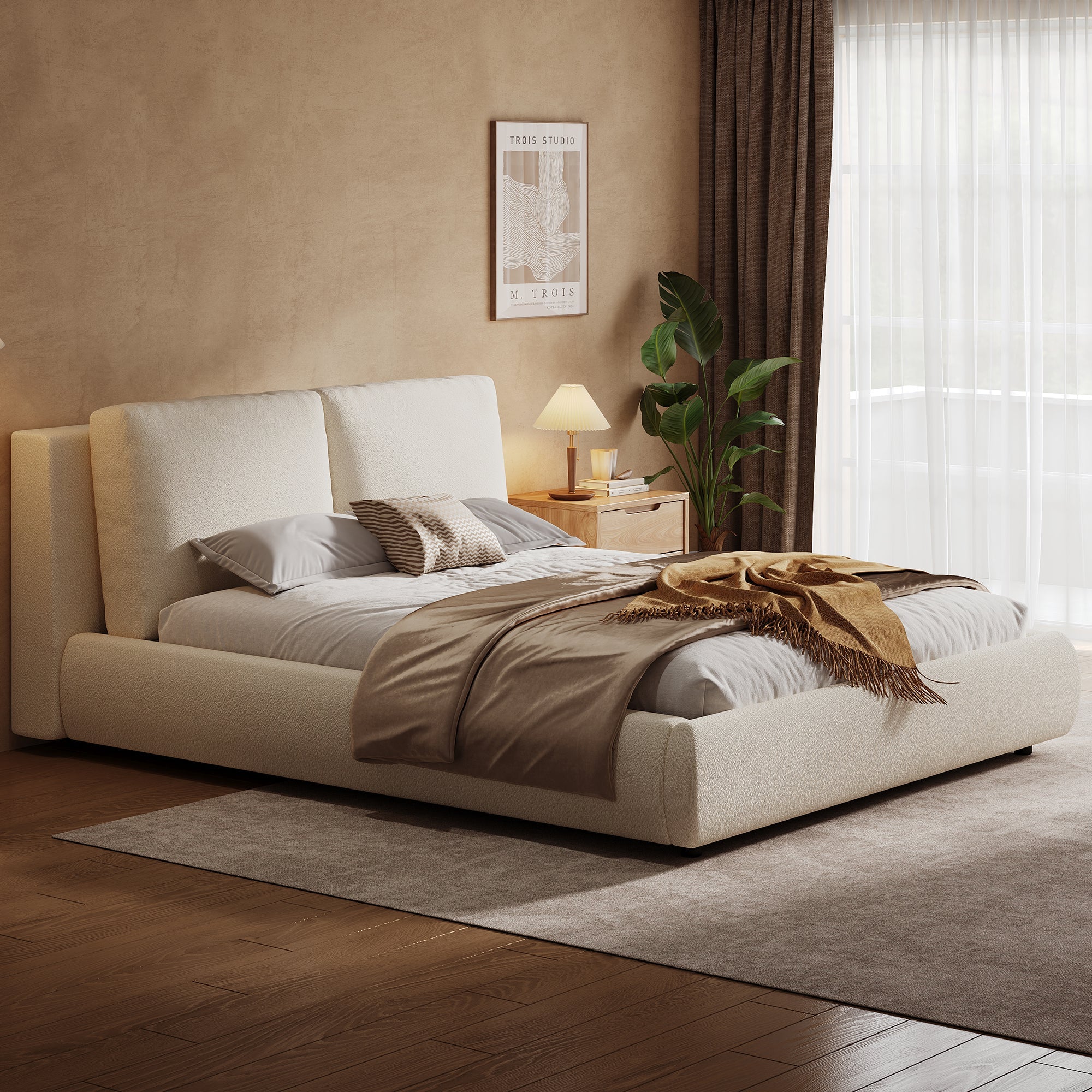 Upholstered Bed, Double 180x200cm, Hydraulic, Storage, Slatted Base, Beige Bouclé