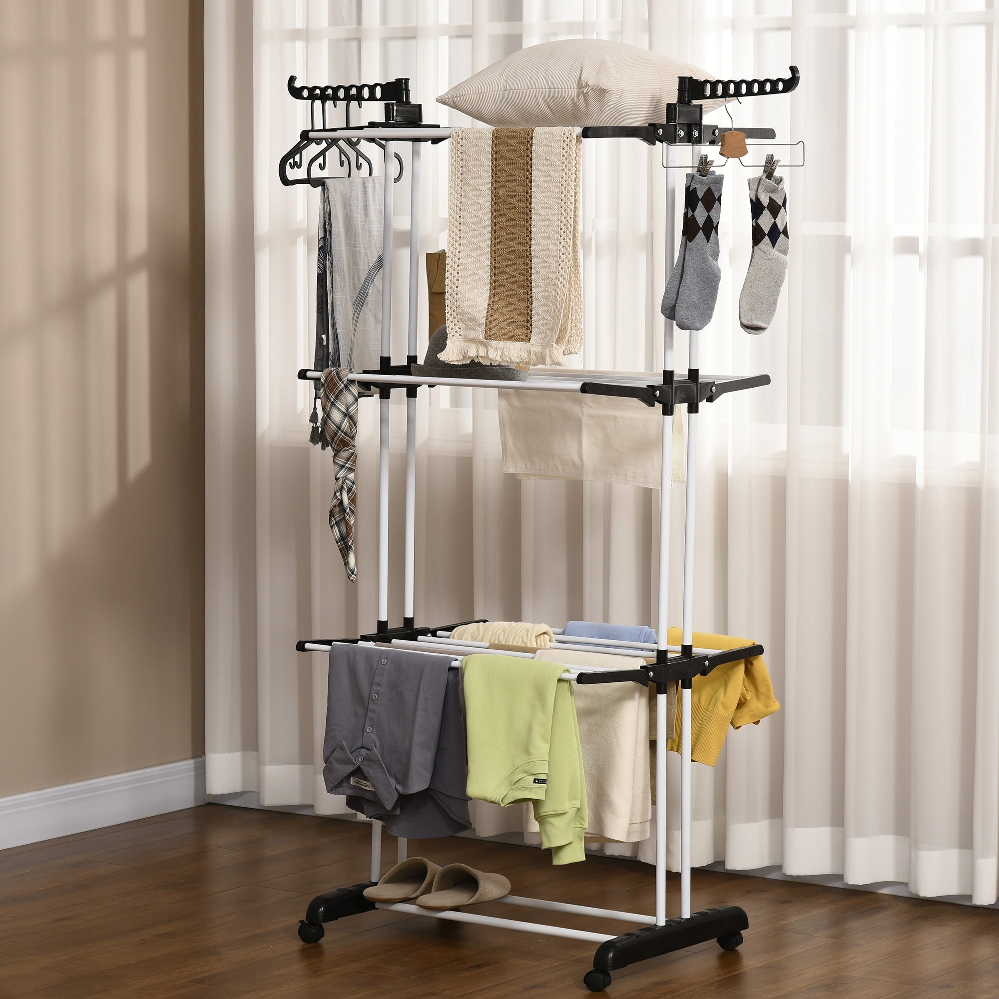 Clothes Drying Rack, Tower-Style 4 Levels Extendable with Wheels, Blac ...
