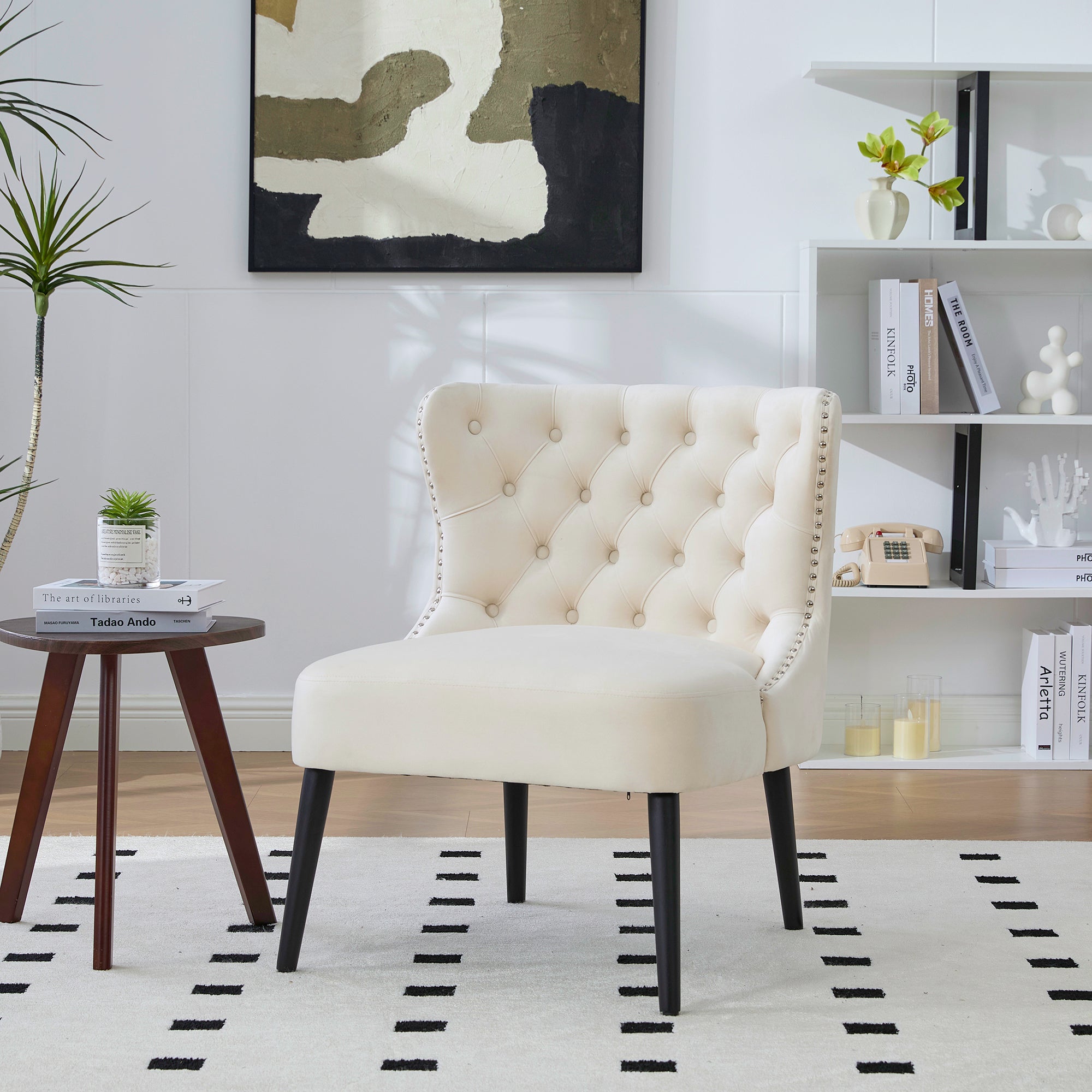 Single Sofa Chair, Velvet Button-Front Armless Studded Trim Solid Wood Legs, Velvet