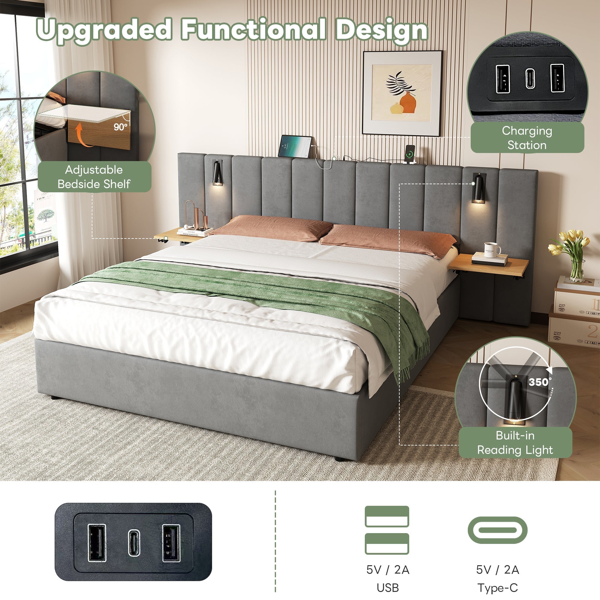 King Upholstered Bed with Charging Station, Hydraulic Storage, Reading Light, Grey Velvet