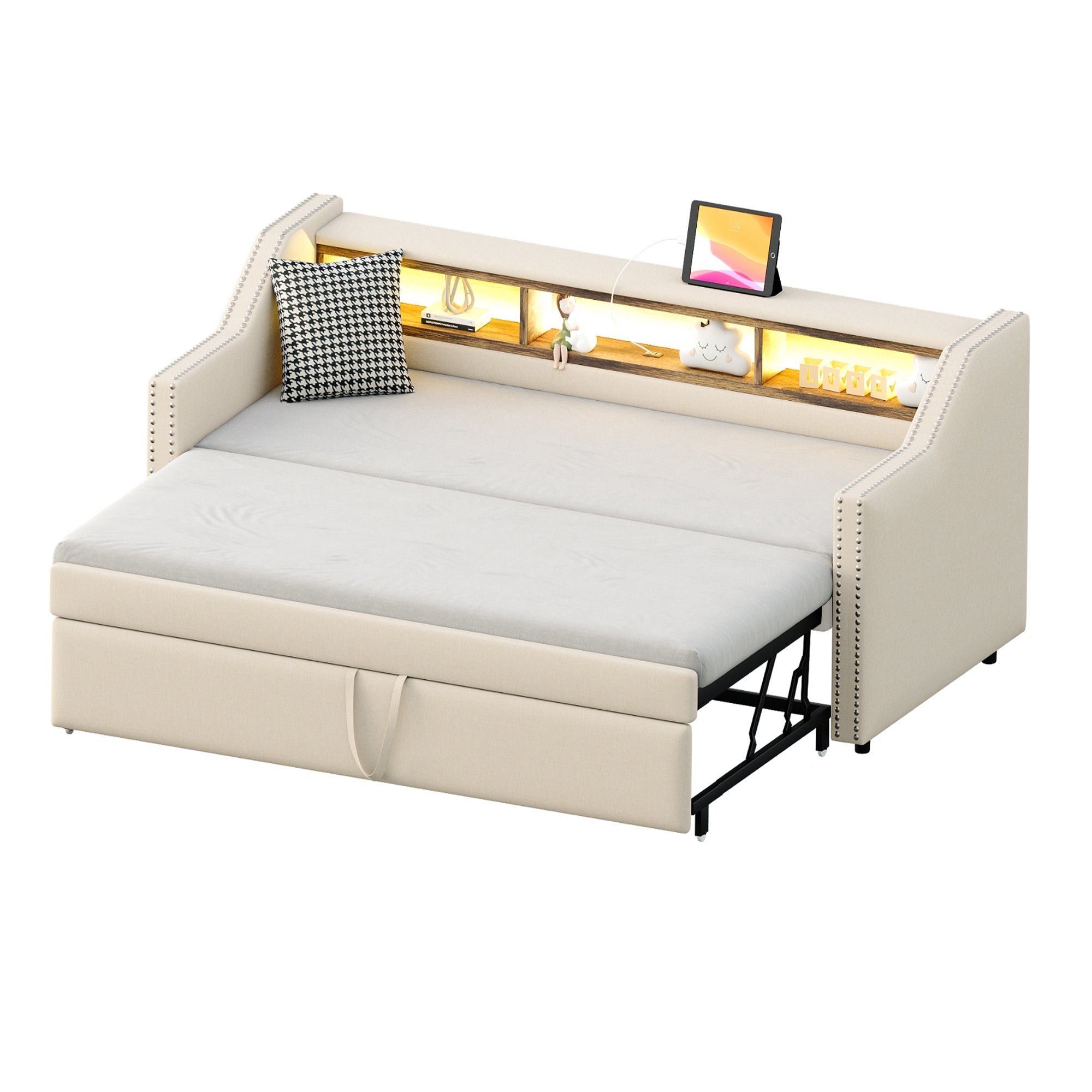Upholstered Sofa Bed, Pull-Out with Storage, LED & USB, Beige