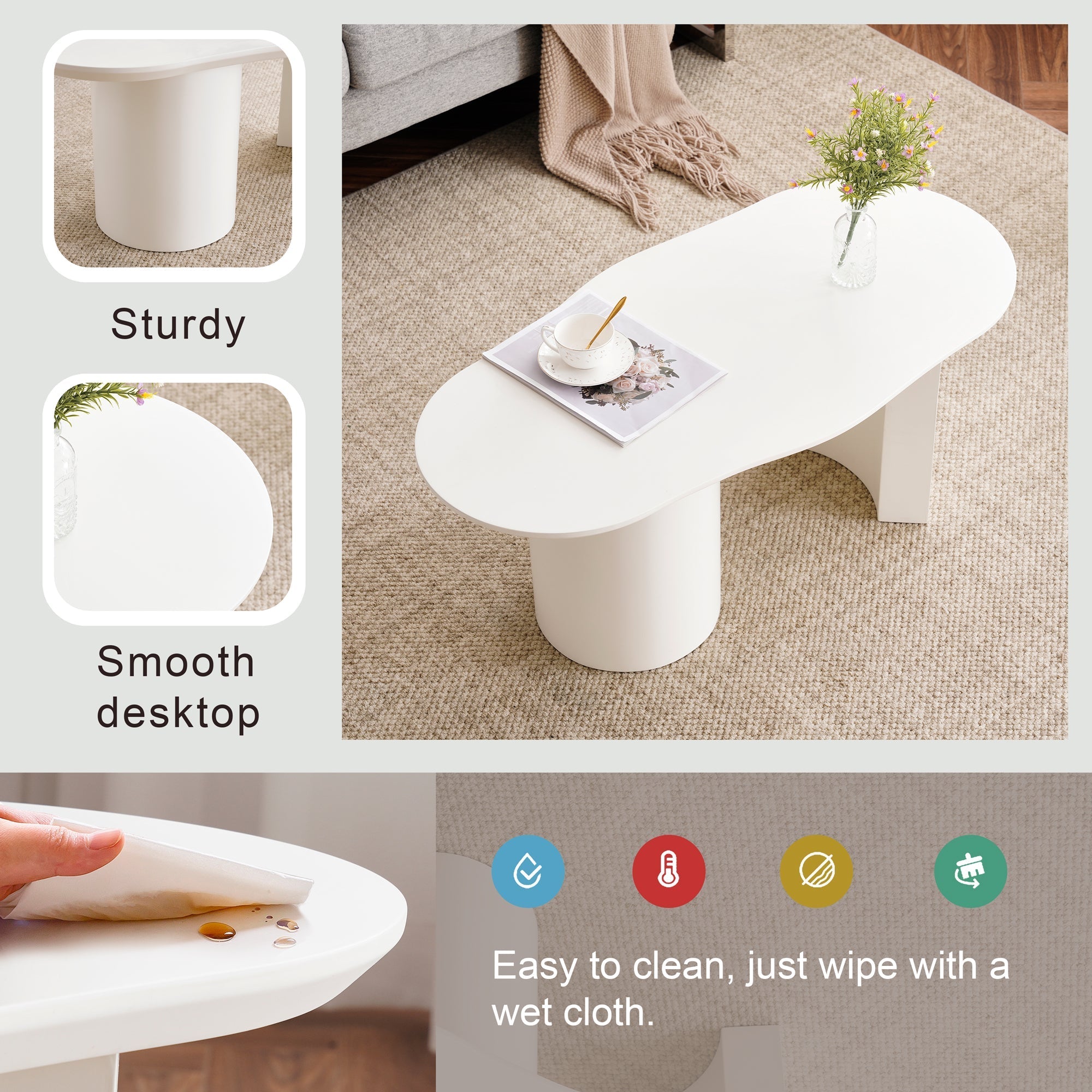 Coffee Table, Abstract Cloud Shaped Irregular, White Wooden Painted