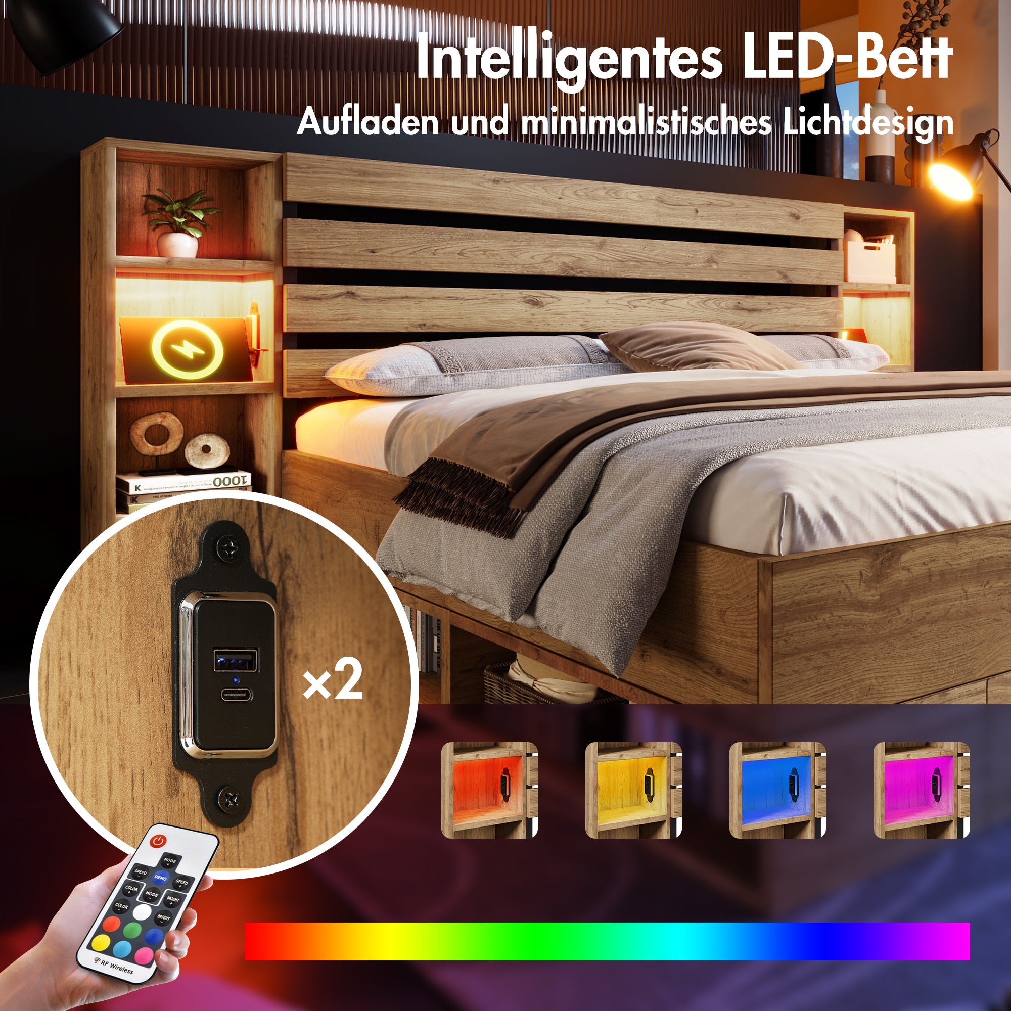 Double Bed 180x200cm Storage, LED, USB-C, Drawers, Wooden Slatted Base, Solid Wood Oak
