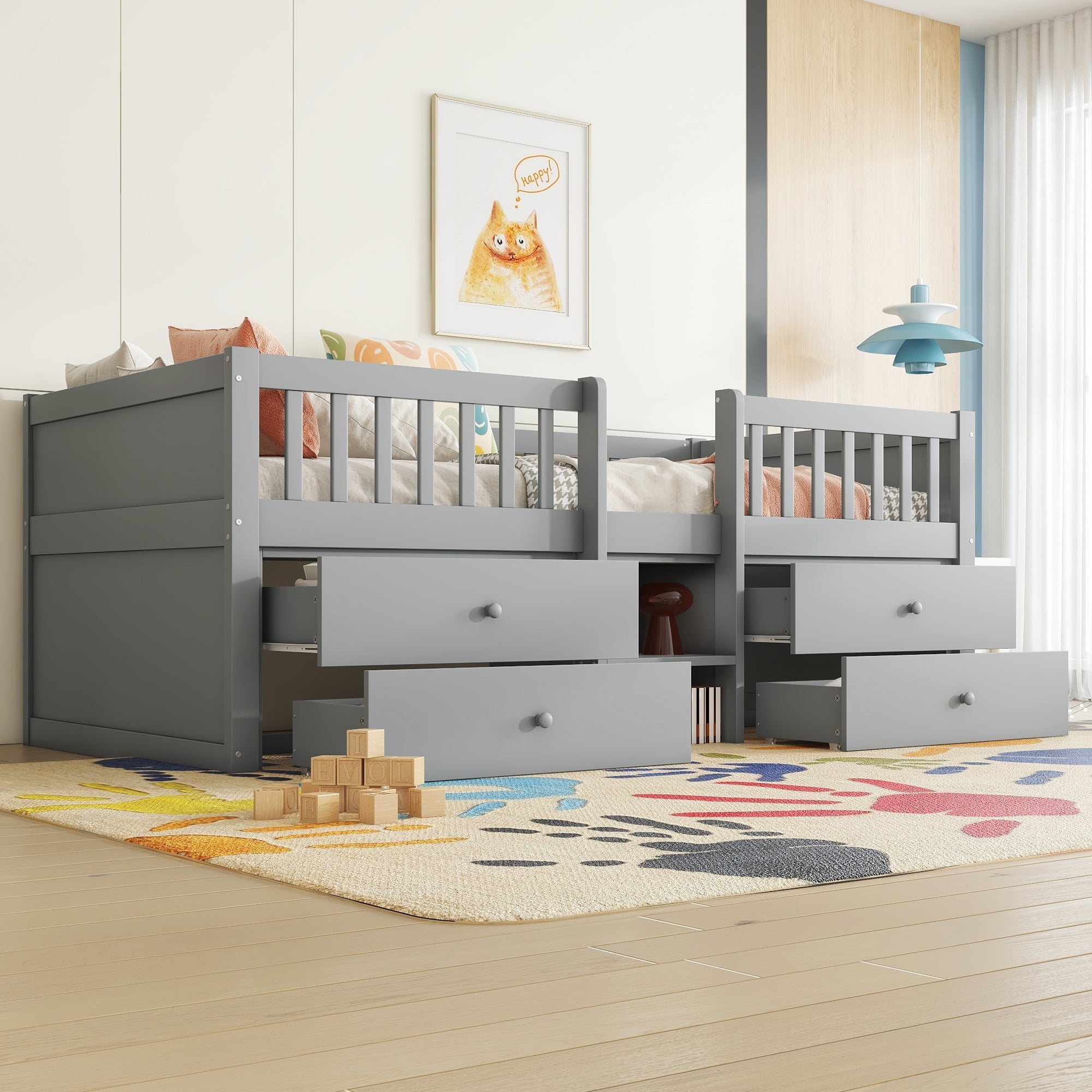 Mid-height Bed 90x200cm 4 Drawers Ladder - Pine Wood Grey
