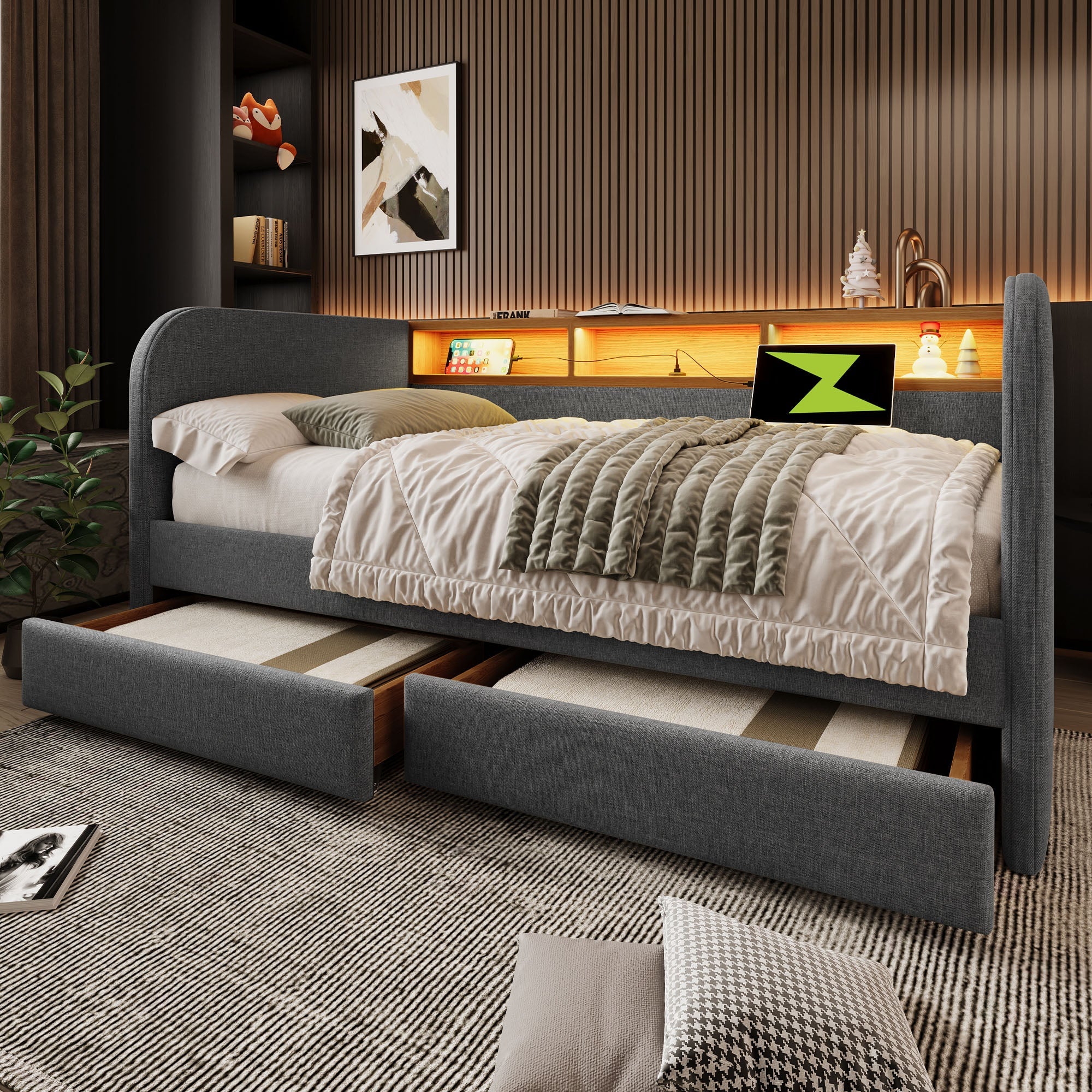 Upholstered Daybed, 140x190cm Sofa Bed with LED, USB-C & Storage, Grey Linen