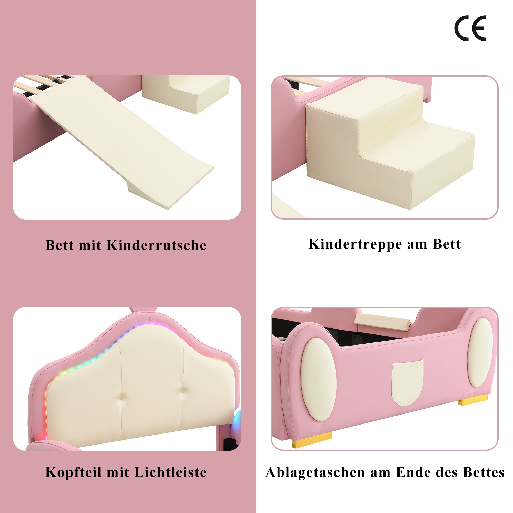 Crown Cartoon Bed Upholstered Children's Slide Stairs LED 90x200cm PU Pink + Beige