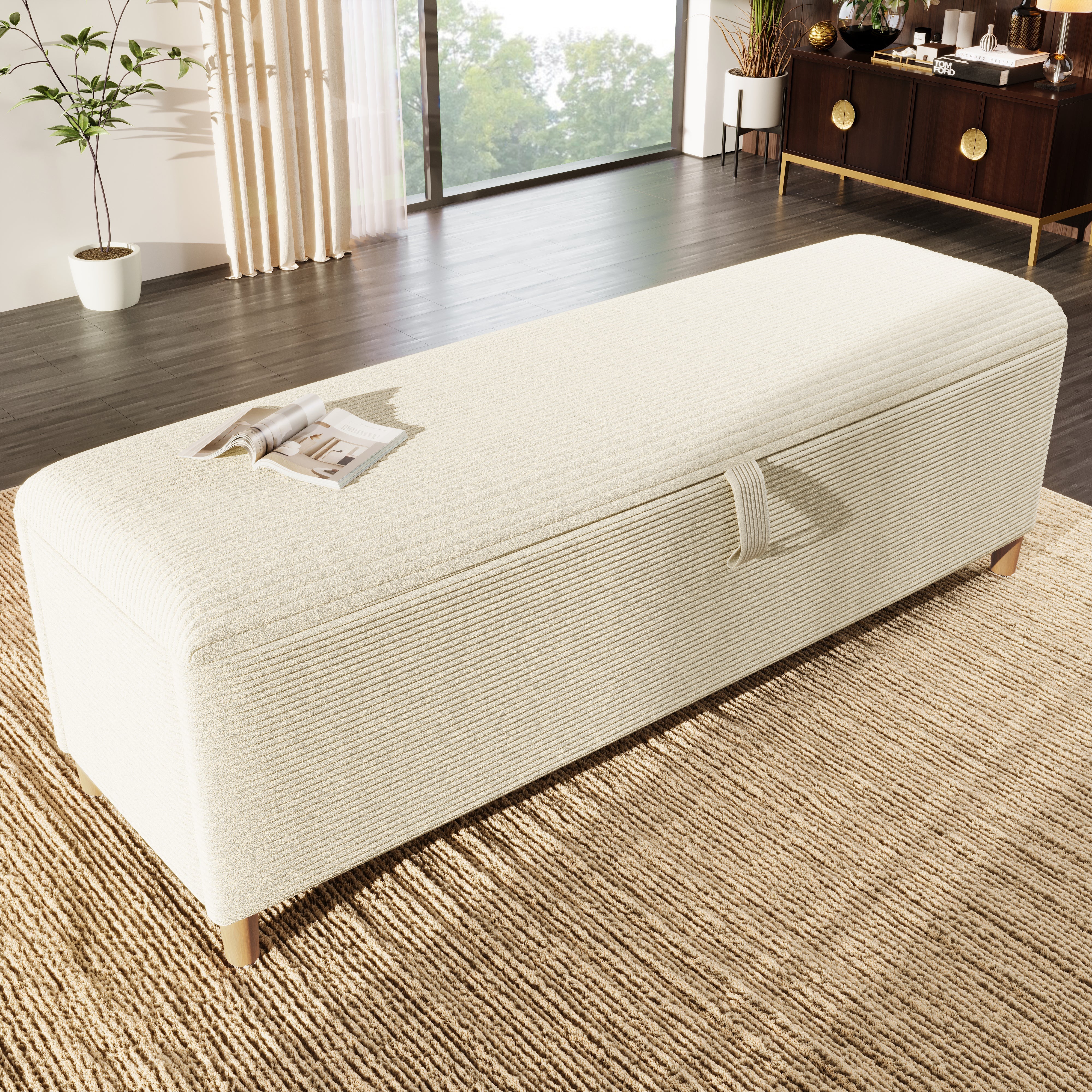 bed bench with storage space, 145 x 38 cm upholstered, beige corduroy