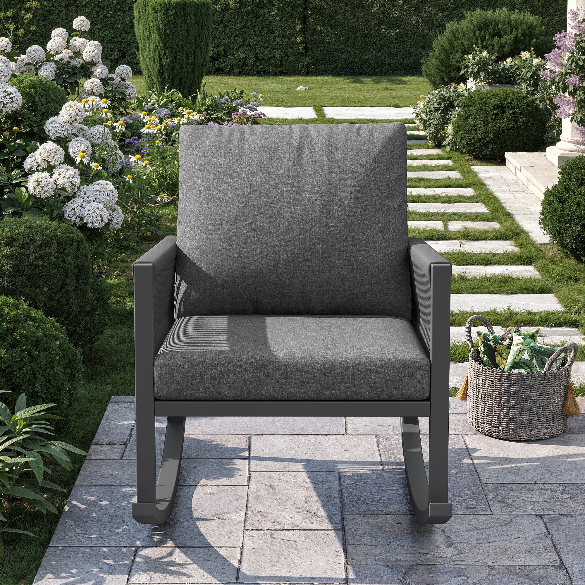 Garden Furniture Set, 4-6 Person Lounge with Round Sofa and Rocking Chair, Grey