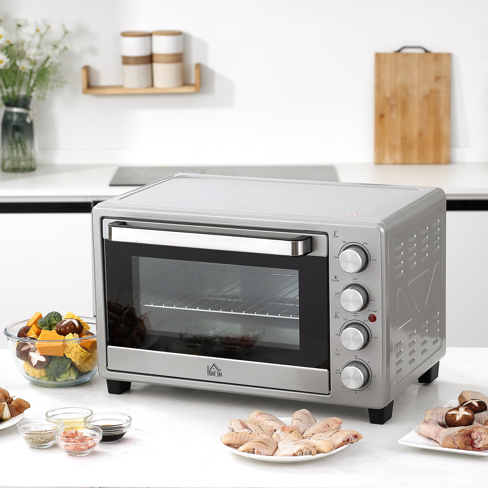 Mini Oven 32L 1600W Electric with Slag Tray, Stainless Steel & Glass, Silver
