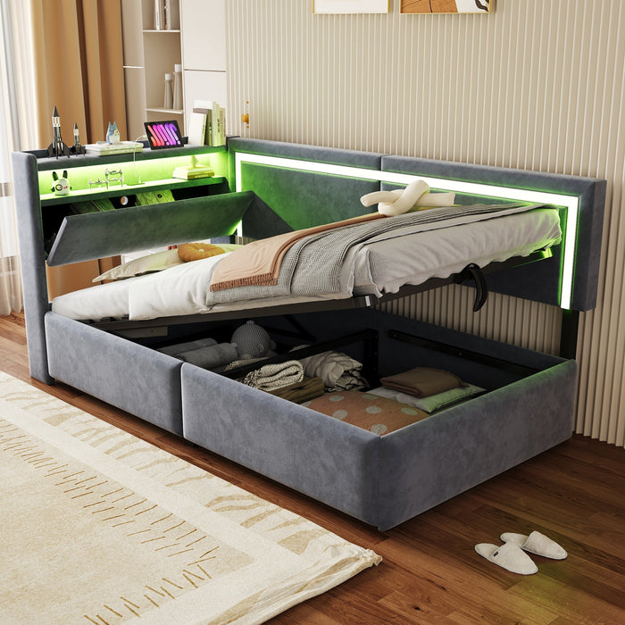 Upholstered Sofa Bed 90x200 cm with LED Lighting, USB Ports and Hydraulic Storage, Dark Grey Velvet