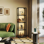LED Floor Lamp, 4-tier Shelf with Glass Compartments, Foot Switch, Black MDF