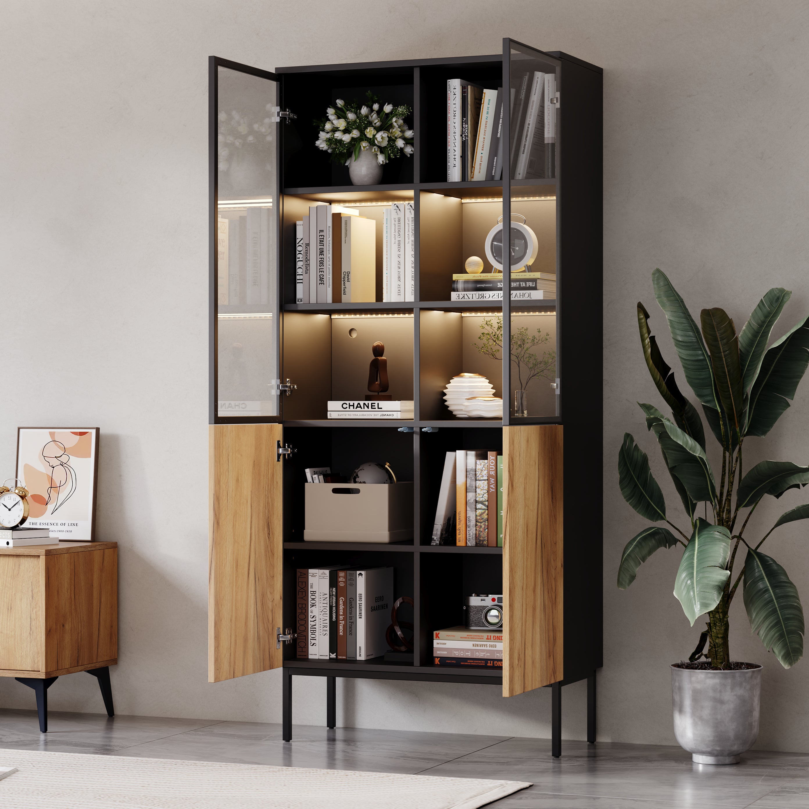 Glass-fronted Display Cabinet 180cm 5-Tier LED Bookcase Black/Oak