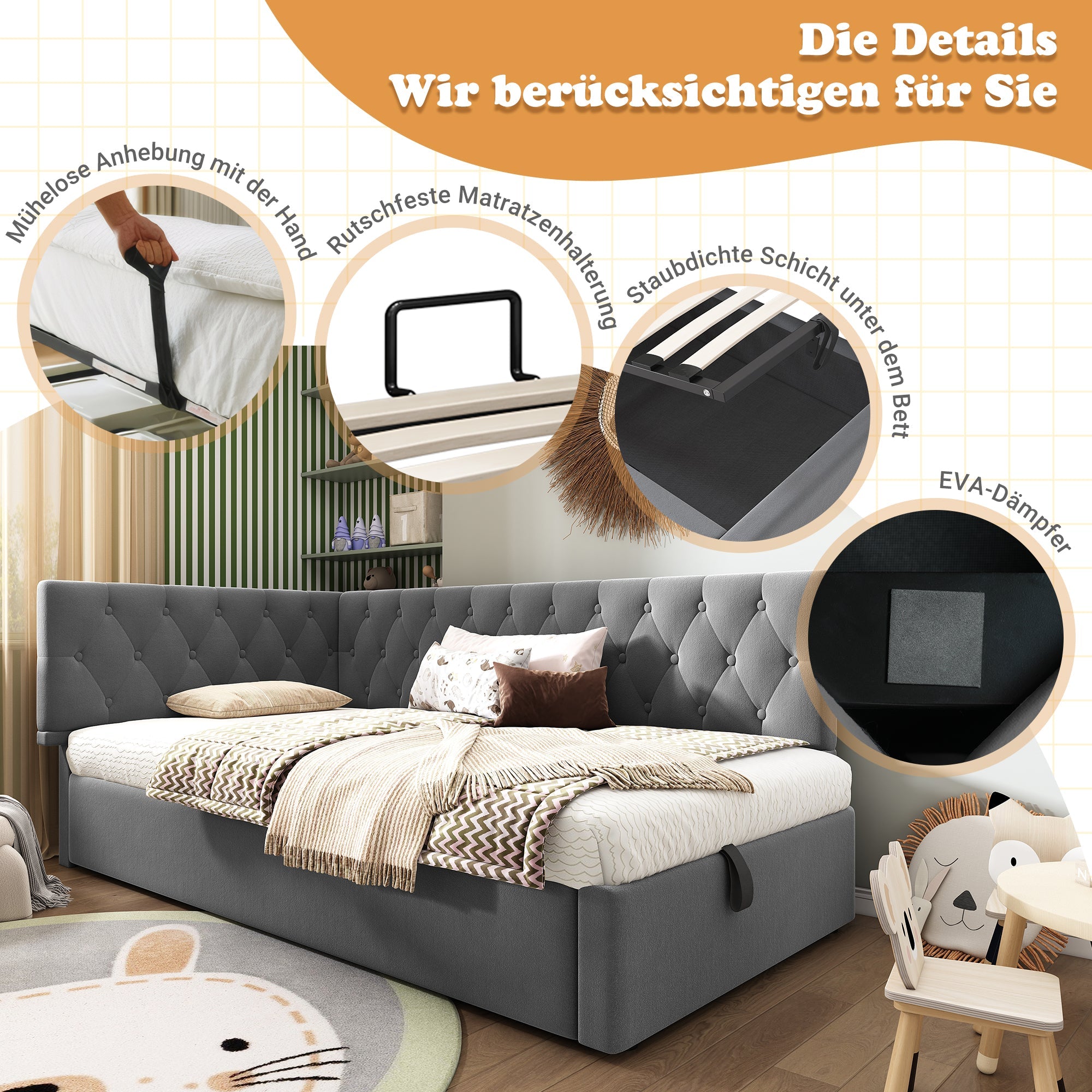 Upholstered Day Bed 90x190cm, Sofa Bed with Hydraulic Storage, Velvet Gray