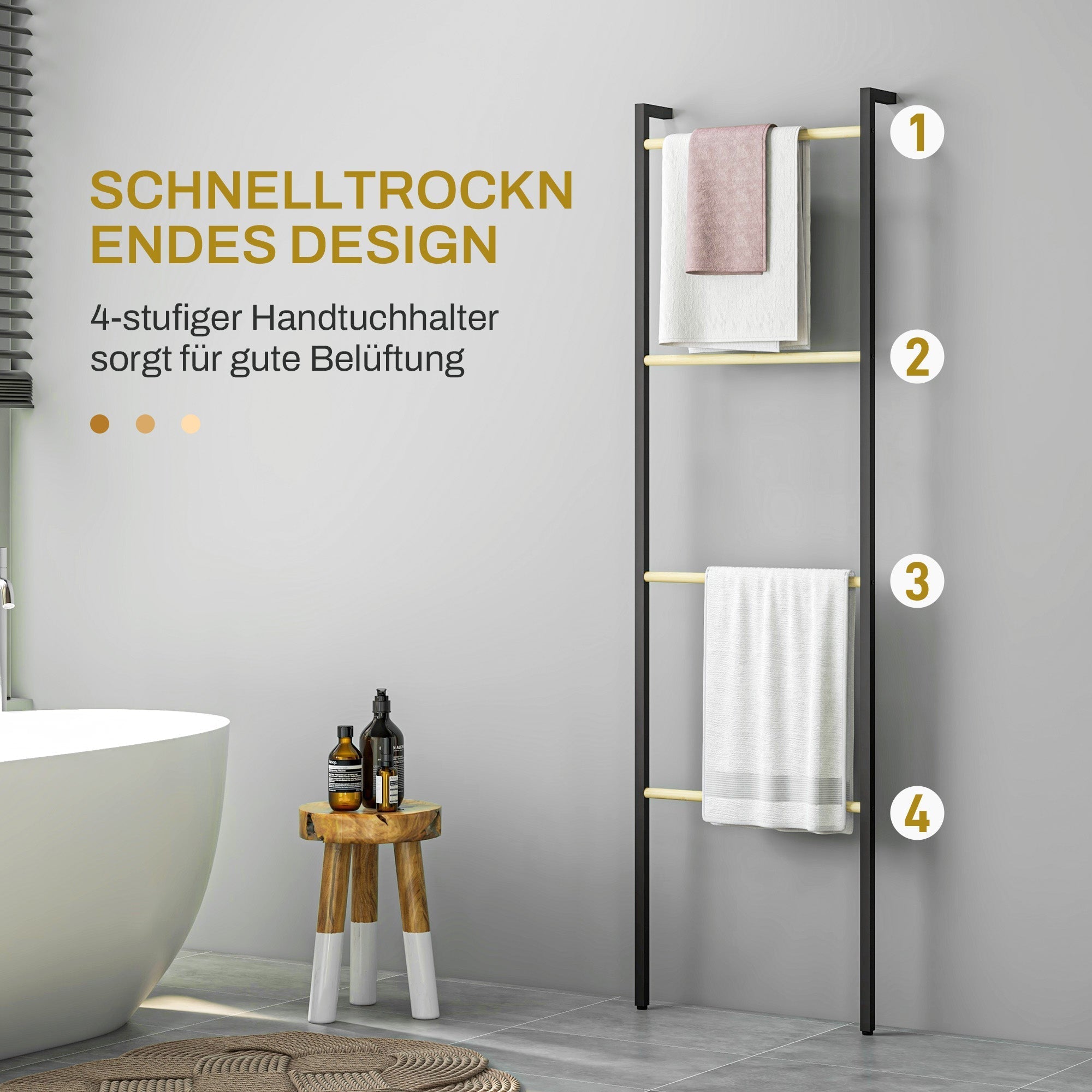 Handtuchleiter, 4-stufig, platzsparend, Stahl Schwarz