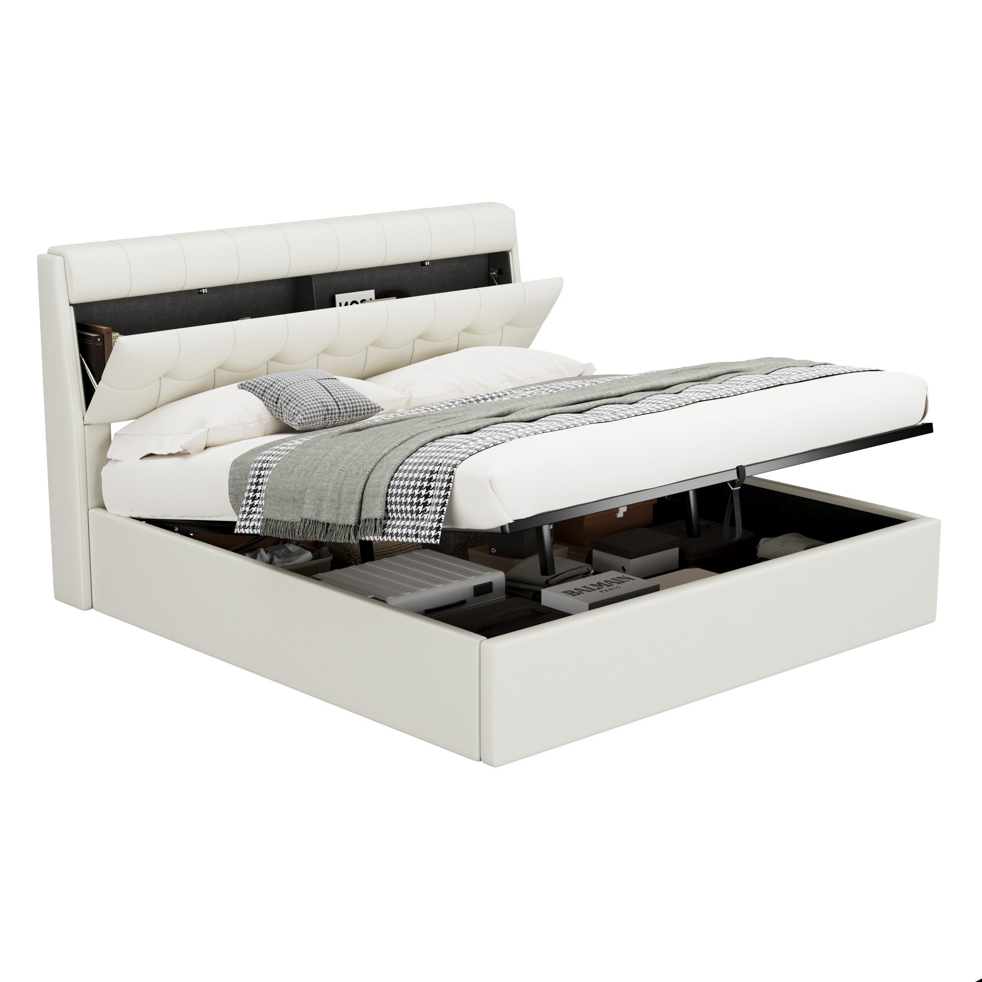 Upholstered Bed with Hydraulic Storage and Concealed Headboard Shelf, 180x200cm, White PU