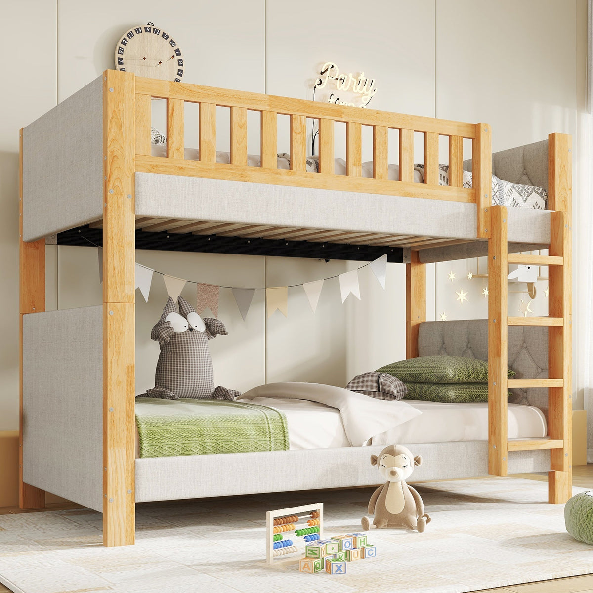 Bunk Bed with Anti-Collision Sponge Edge and Straight Staircase, 90x200cm, Grey and Natural Rubberwood + MDF