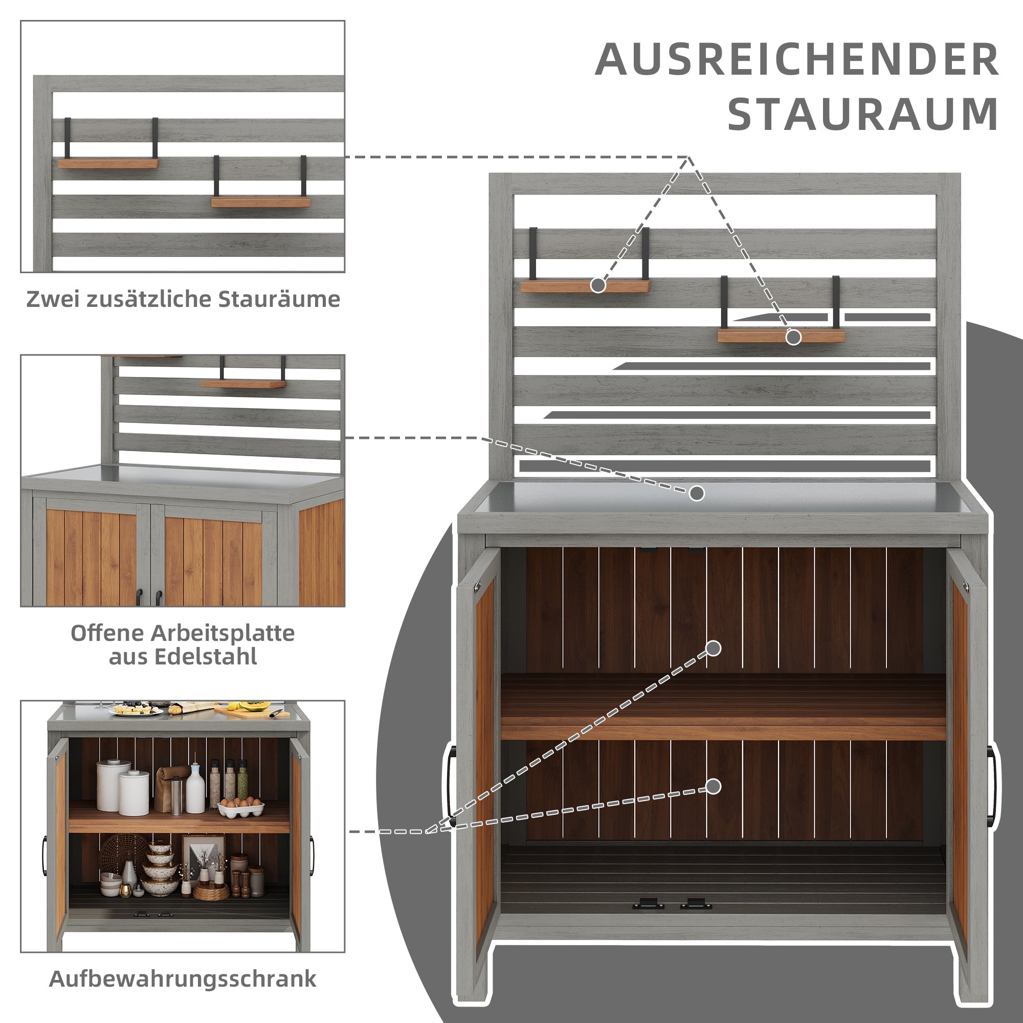 Weatherproof Garden Cabinet with Stainless Steel Worktop and Adjustable Shelves, Wooden