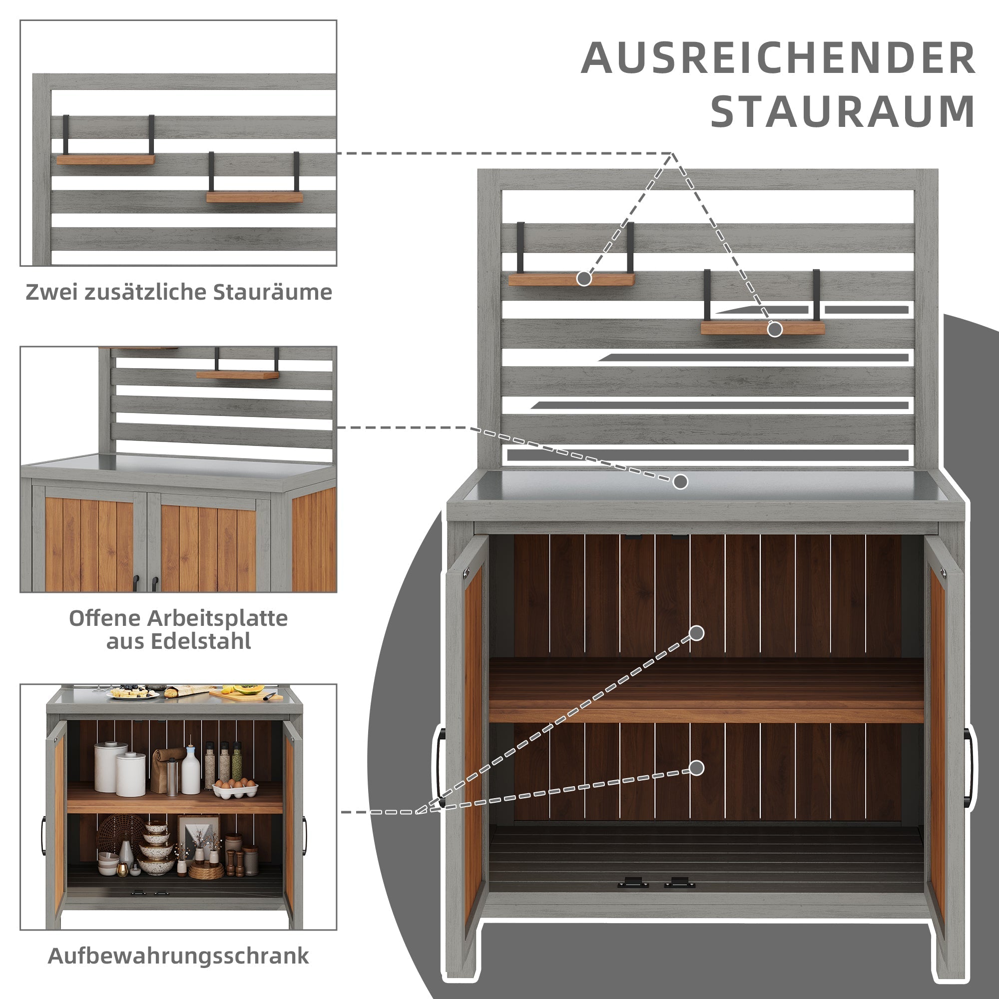 Weatherproof Garden Cabinet with Stainless Steel Worktop and Adjustable Shelves, Wooden