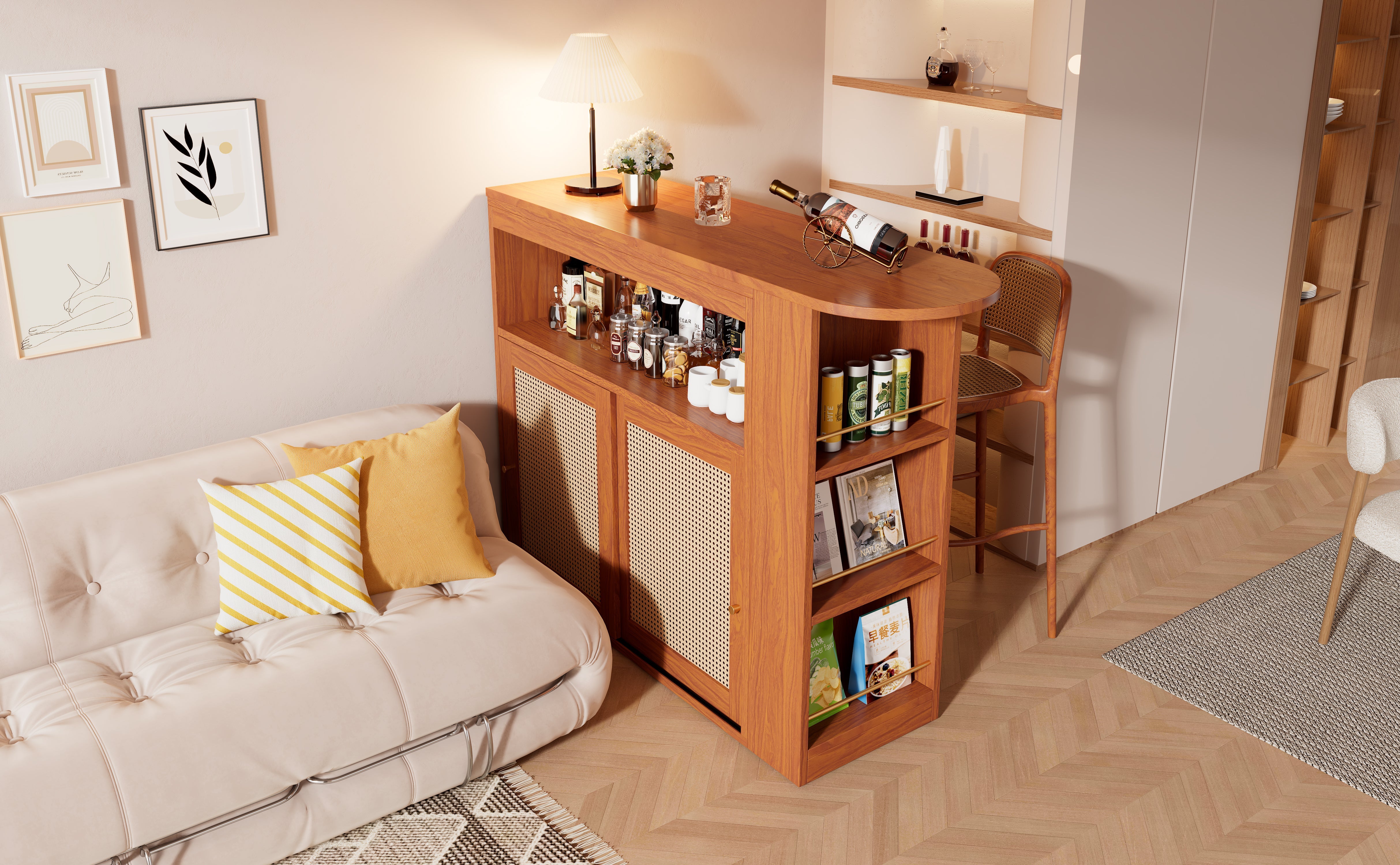 Extendable Bar Table, Adjustable Shelves Rattan Weave