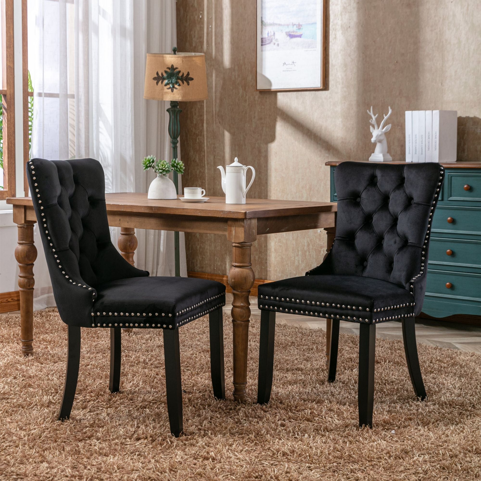 Modern Set of 2 Upholstered Velvet Dining Chairs, Button Tufted with Solid Wood Legs, Black
