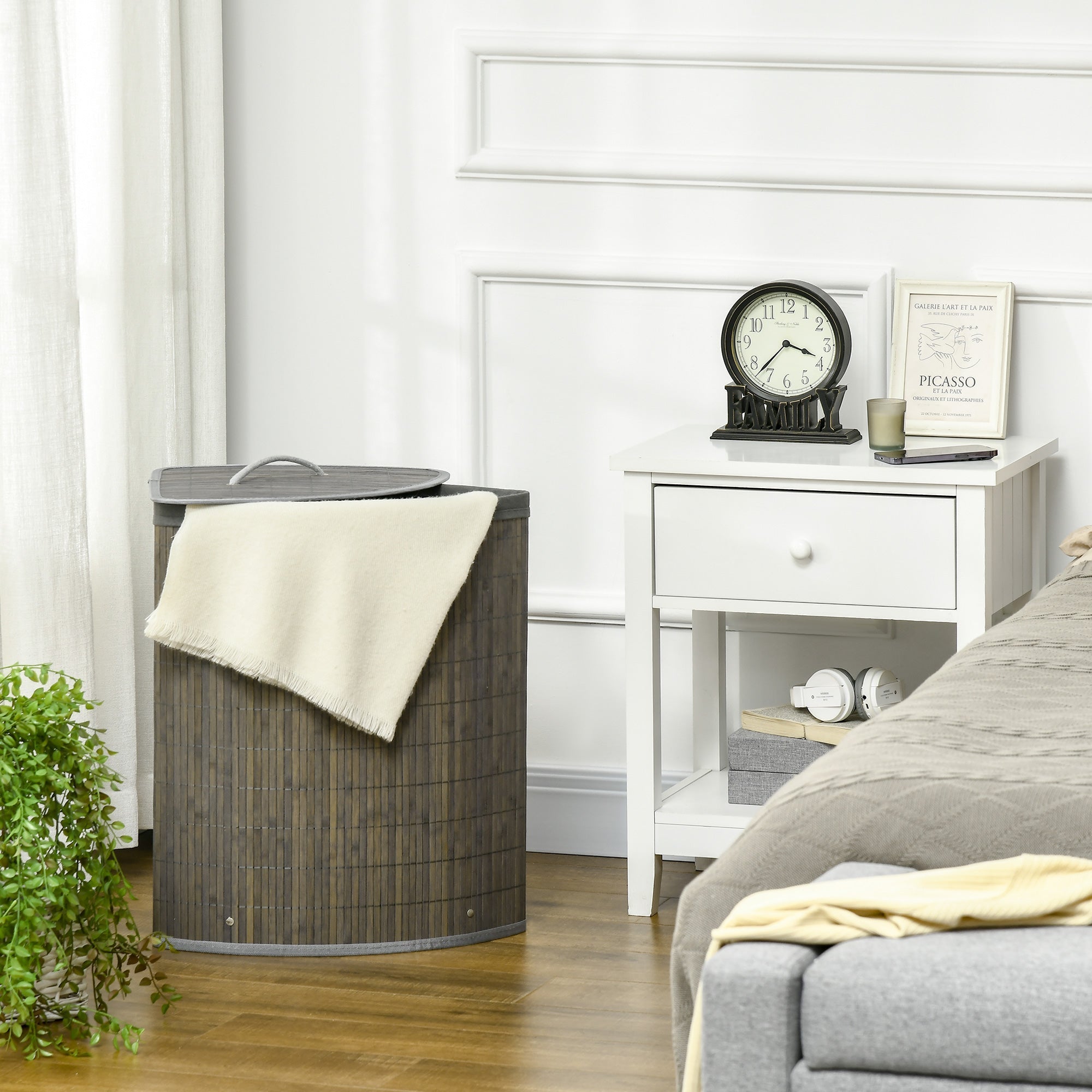Laundry Basket 55L with Lid and Removable Bag, Grey Bamboo