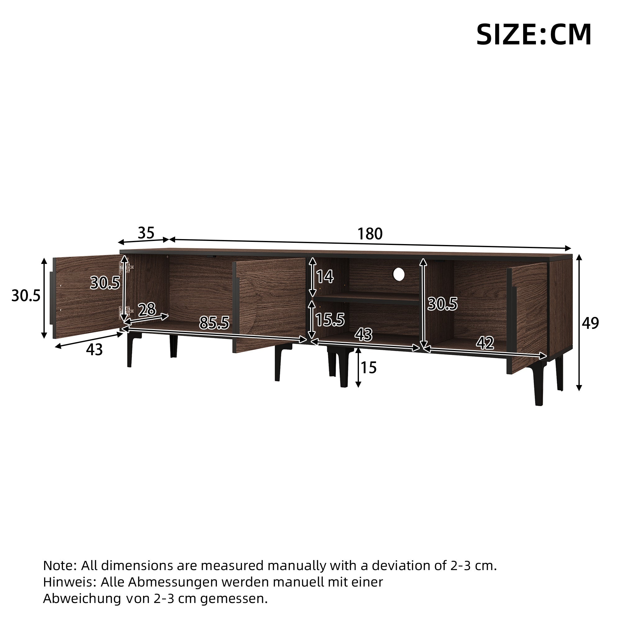 TV Cabinet Lowboard 180cm 2 Cabinets Open Shelves for 80 Inch TV - Dark Walnut